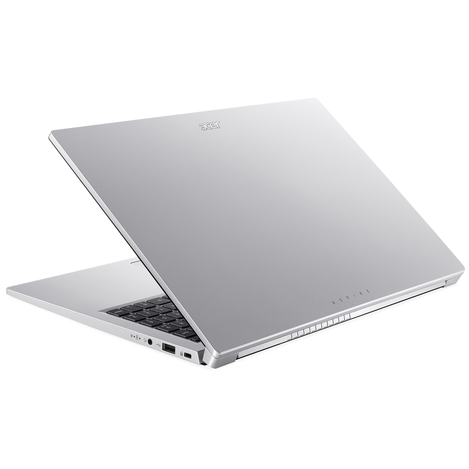 An open silver Acer Aspire laptop on a black background.