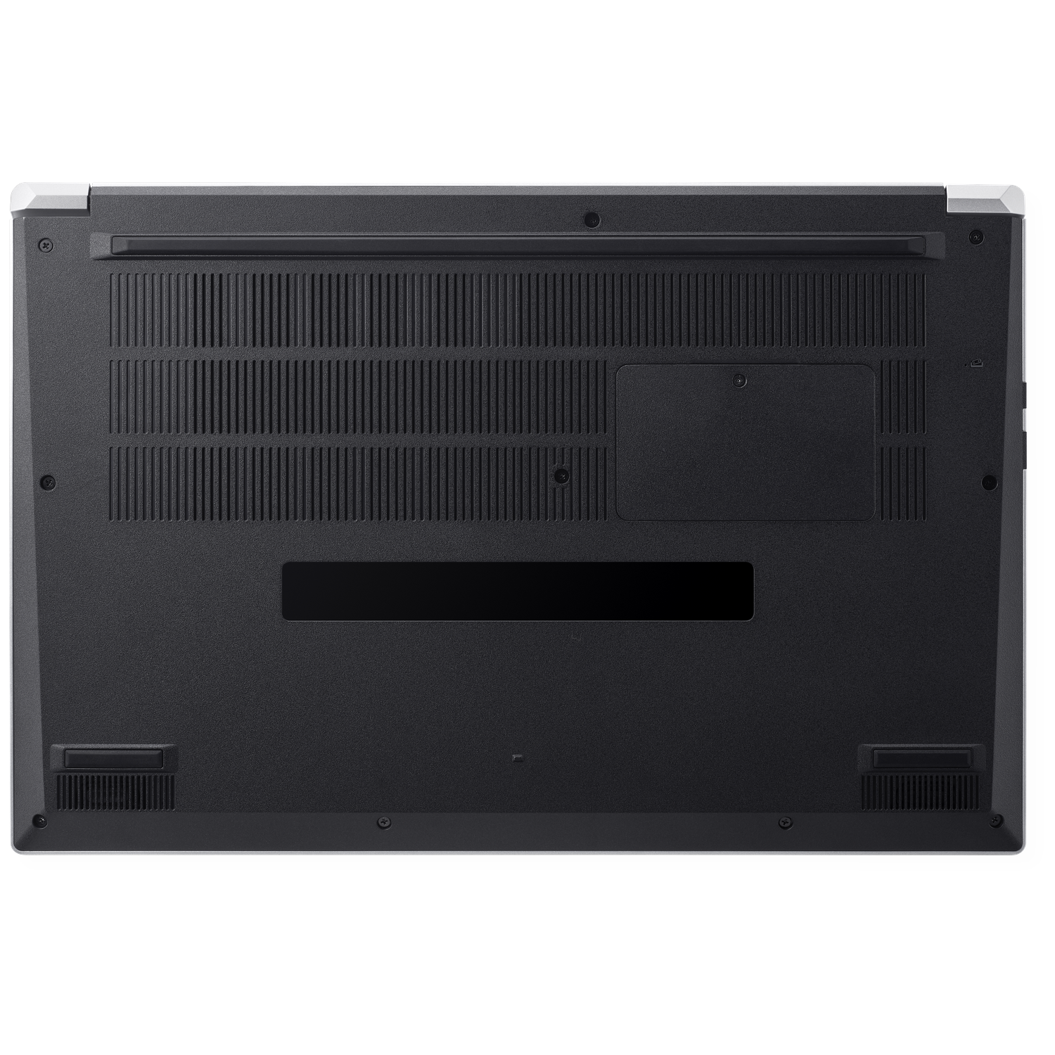 Underside of a laptop showing vents, screws and a black panel.