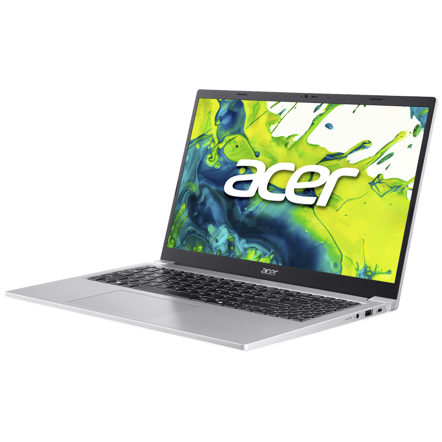 A silver laptop with a colorful Acer logo displayed on its screen.