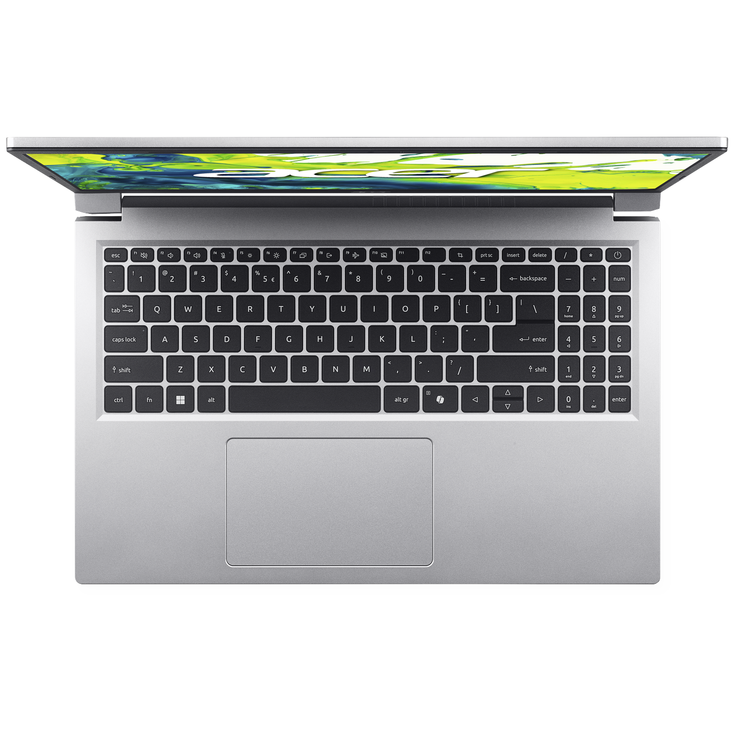 Silver laptop with an open lid, showing a colorful abstract wallpaper on the screen.