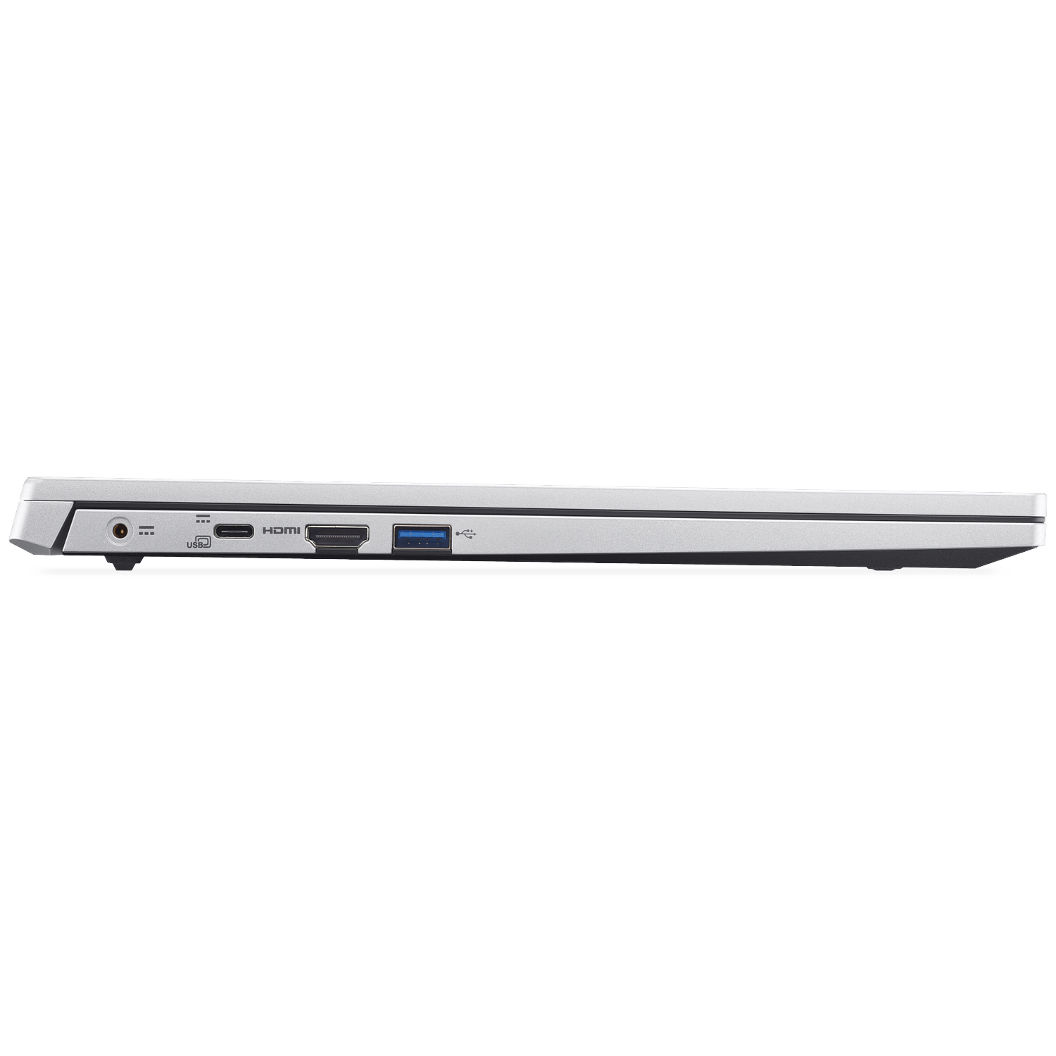 Silver laptop profile showing ports: audio, USB, HDMI.