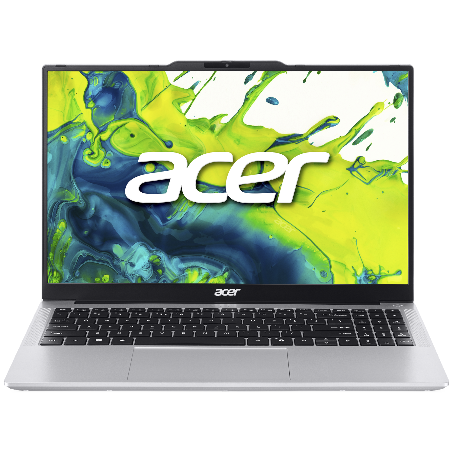 Een zilveren Acer laptop met een kleurrijke abstracte achtergrond op het scherm.