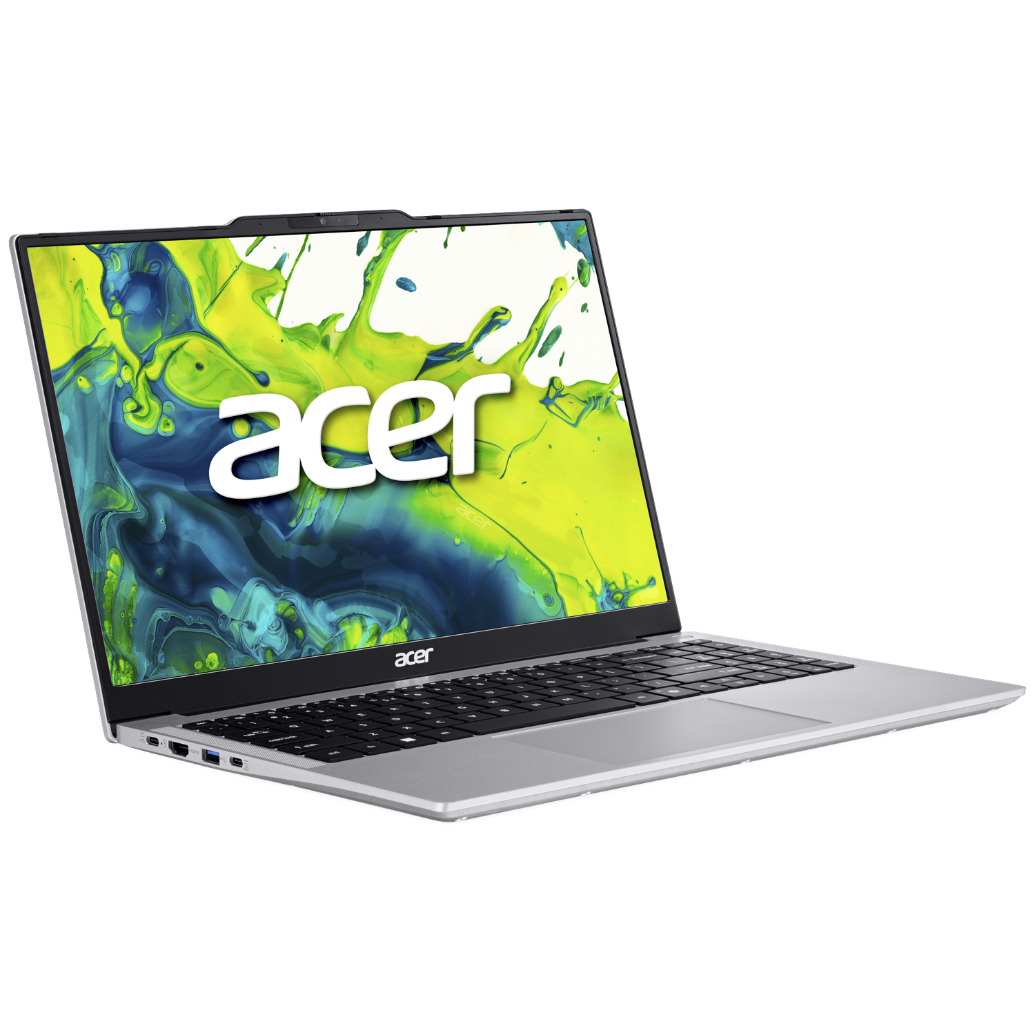 Een open Acer laptop toont een kleurrijke abstracte achtergrond op het scherm.