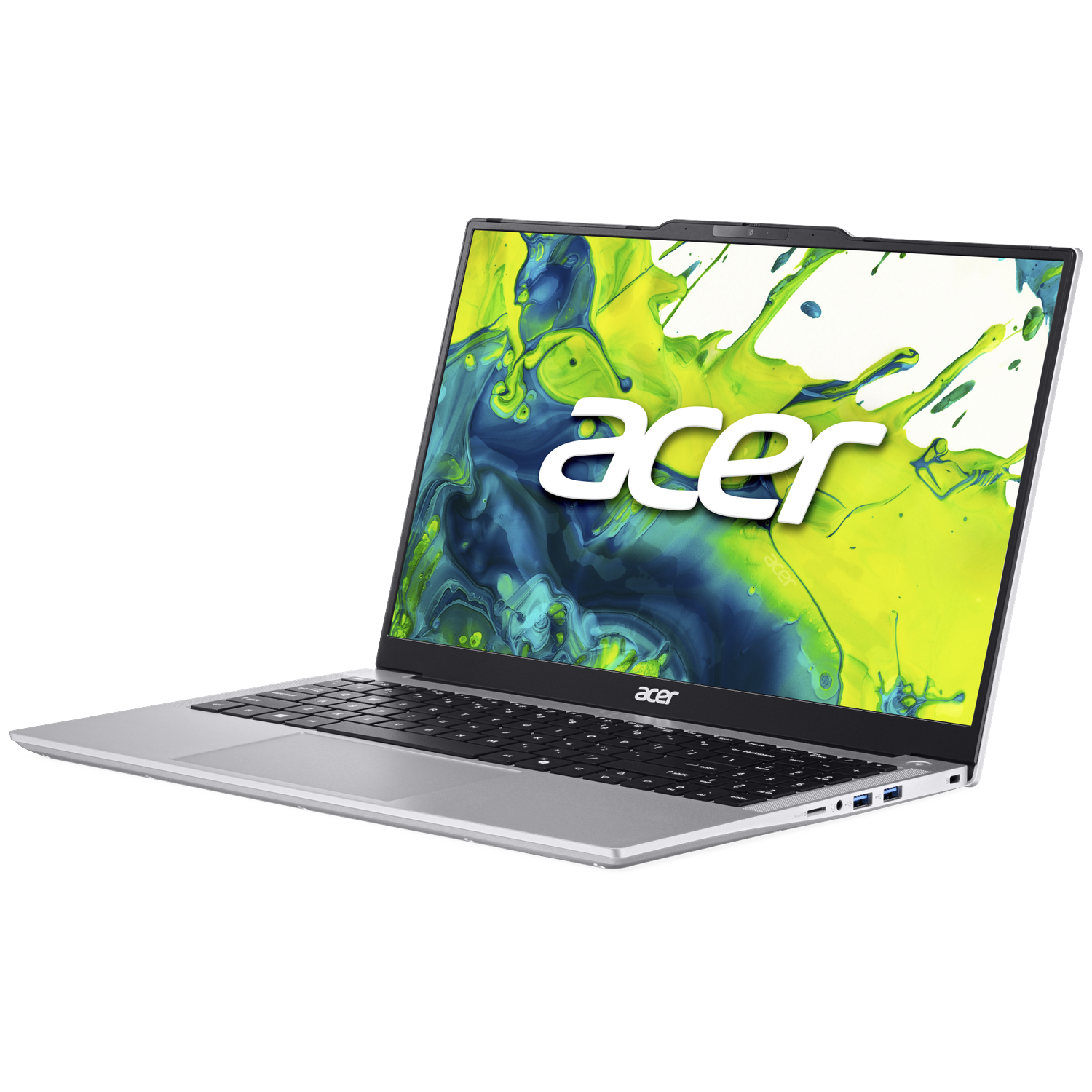 Een zilveren Acer laptop met een kleurrijk splashscreen en Acer-logo.