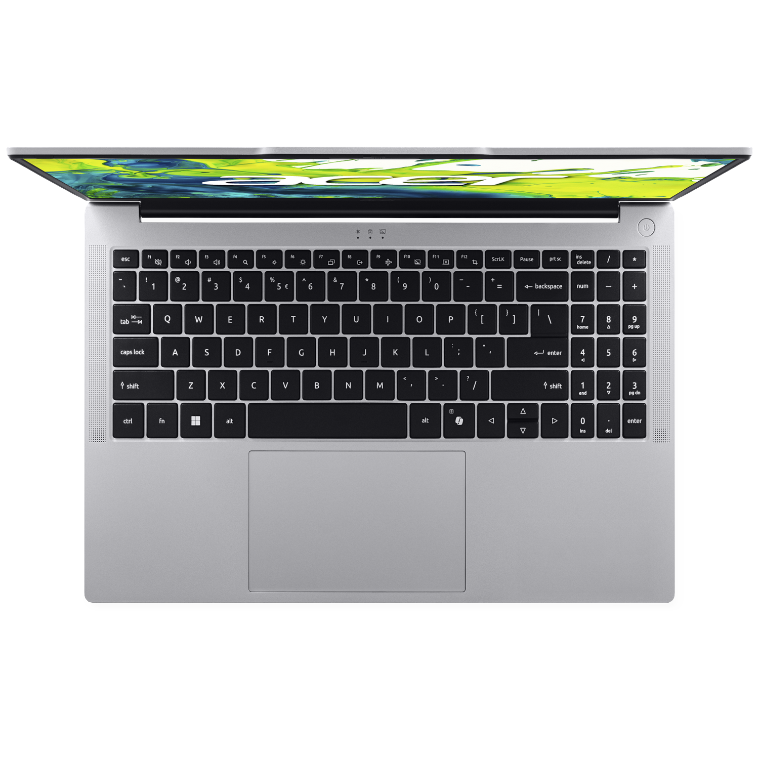 Een zilveren laptop met open scherm dat een kleurrijk patroon toont.