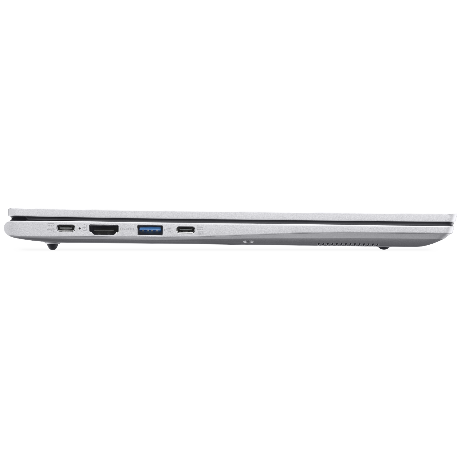 Zijaanzicht van een zilveren laptop met poorten: USB-C, HDMI, USB-A.