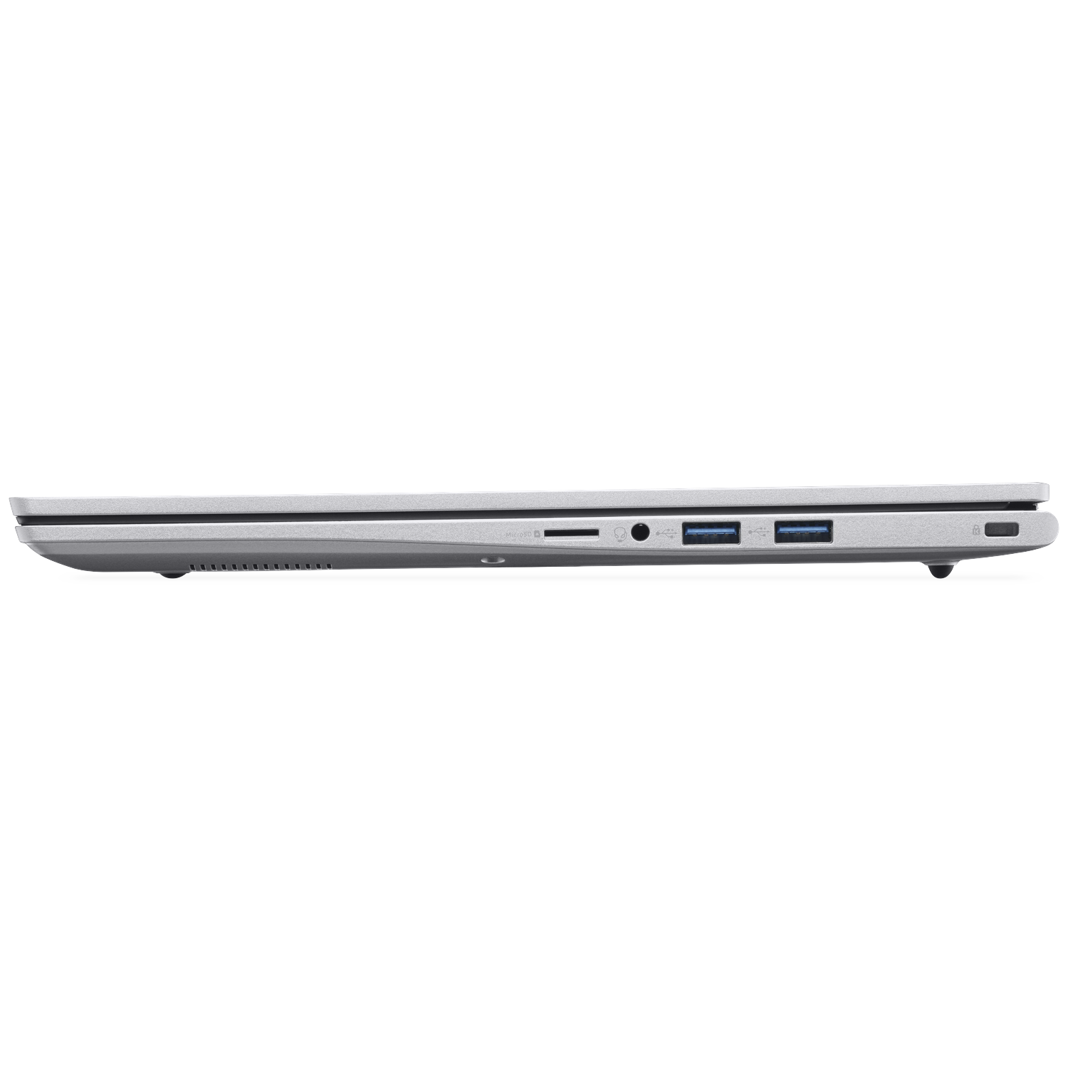 Zij-aanzicht zilveren laptop met USB-poorten, SD-kaartsleuf en koptelefoonaansluiting.