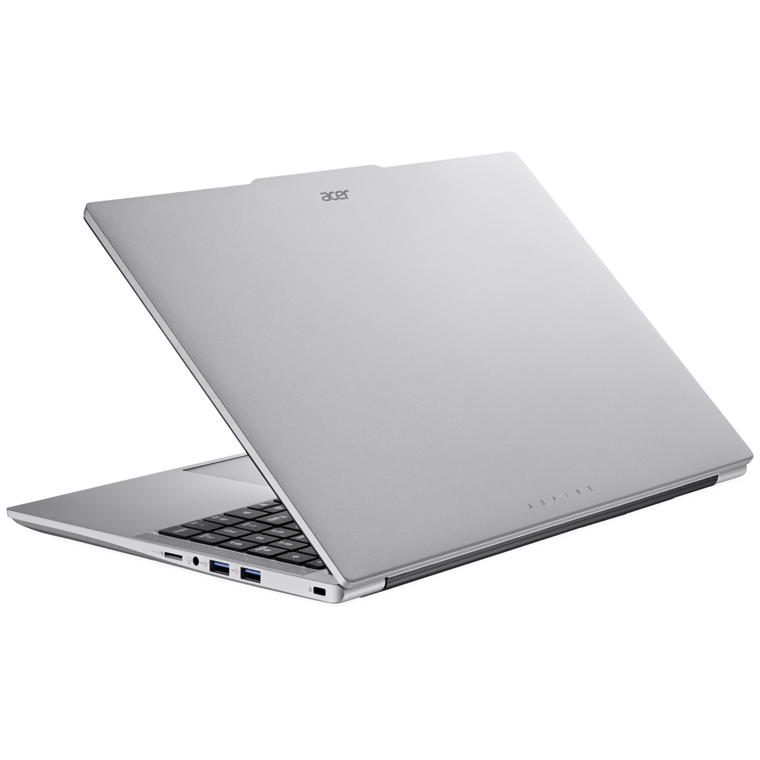 Zilveren Acer laptop, open, met toetsenbord en poorten zichtbaar.