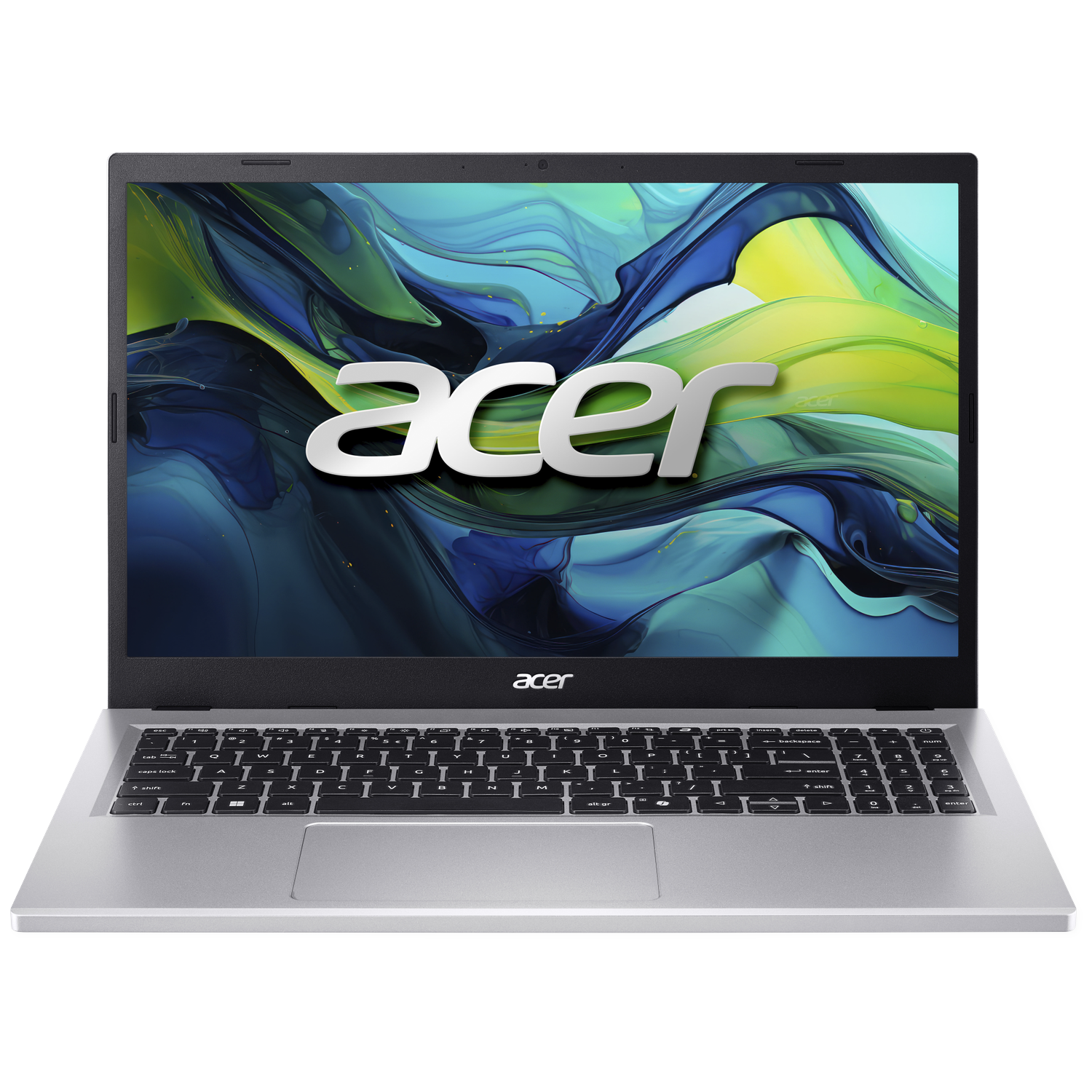 Een zilveren laptop met Acer-logo en kleurrijke abstracte achtergrond.