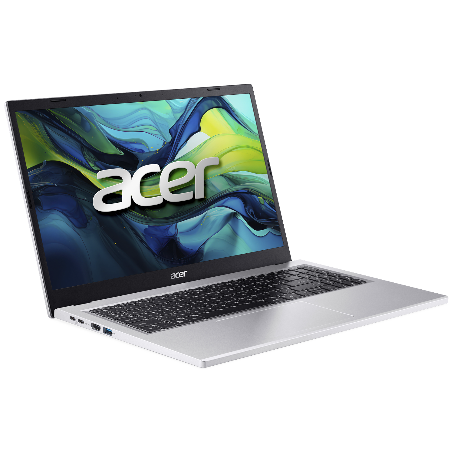 Een zilveren Acer laptop met een kleurrijke achtergrond op het scherm.