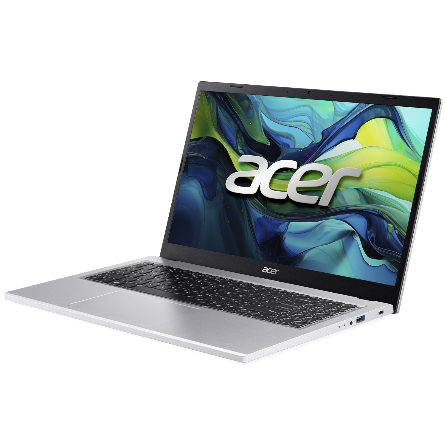 Een zilveren Acer laptop met een kleurige abstracte achtergrond op het scherm.