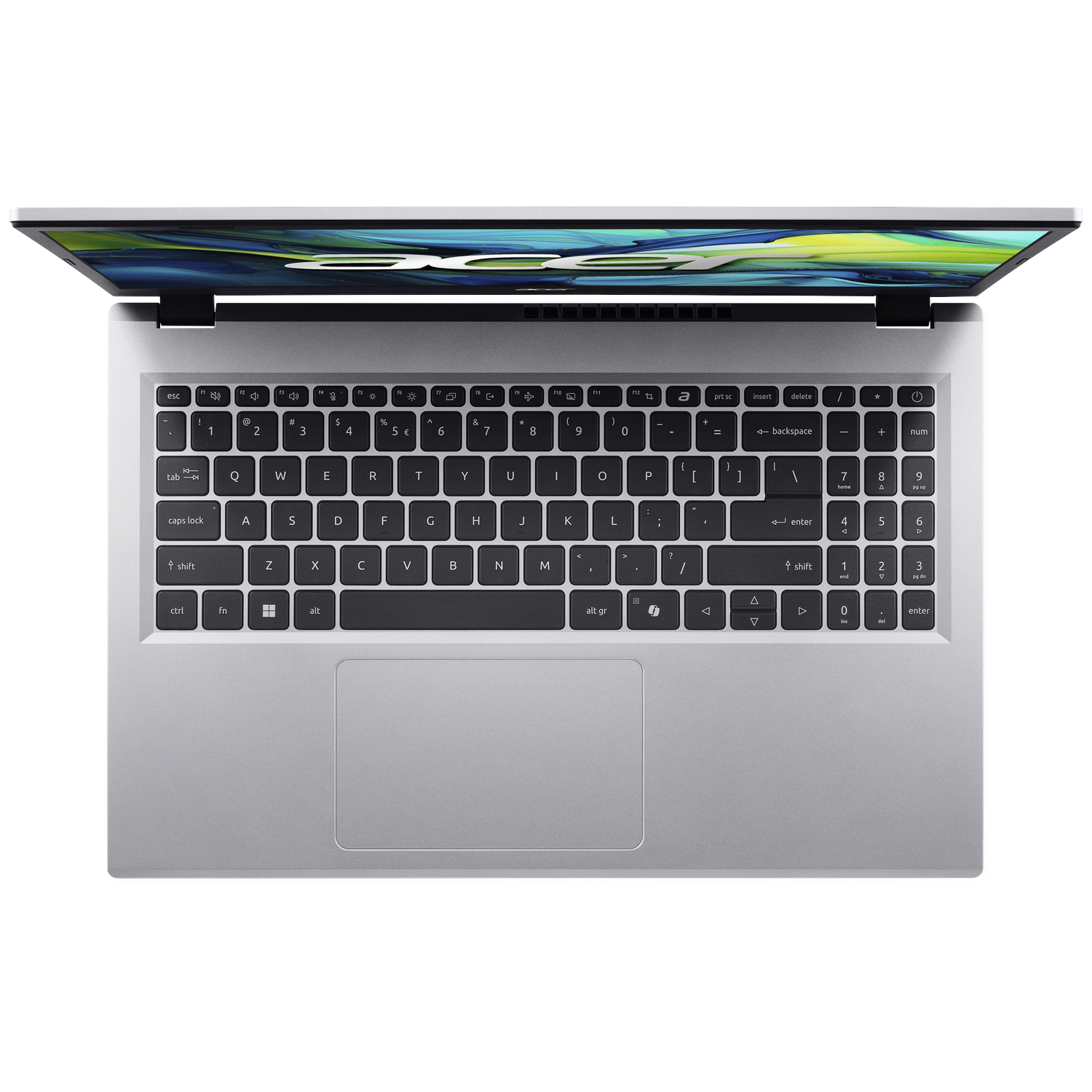 Zilveren laptop van bovenaf gezien, met open scherm en toetsenbord.
