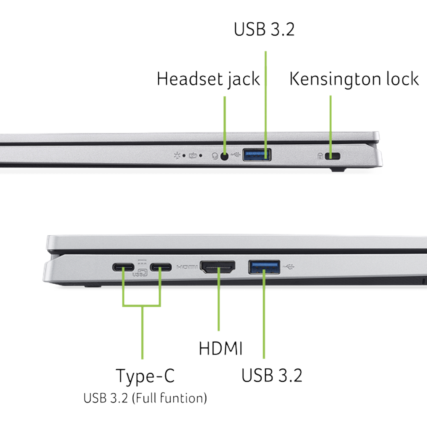 Laptop poorten: USB 3.2, hoofdtelefoonaansluiting, Kensington-slot, Type-C, HDMI.