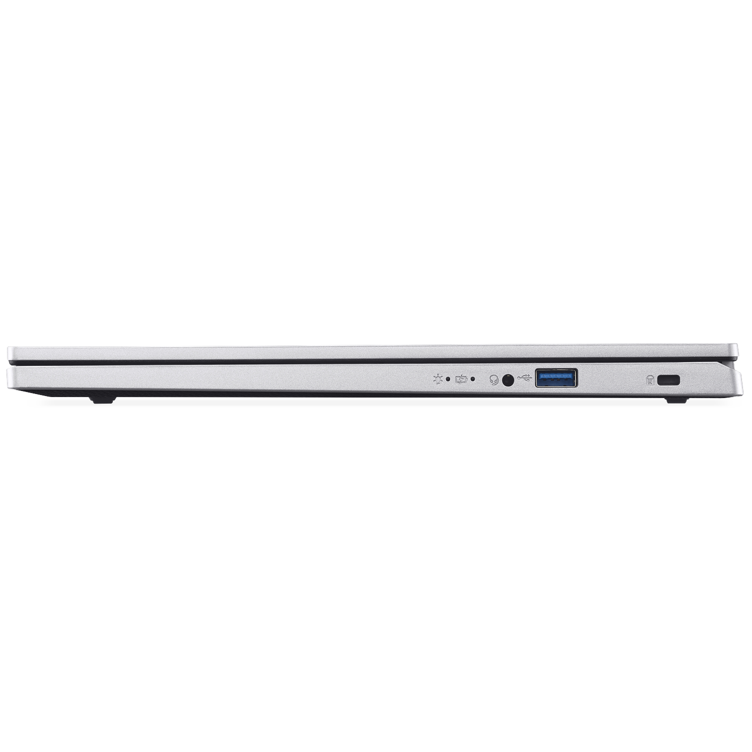 Zilveren laptop behuizing met zichtbare USB en koptelefoonpoorten.