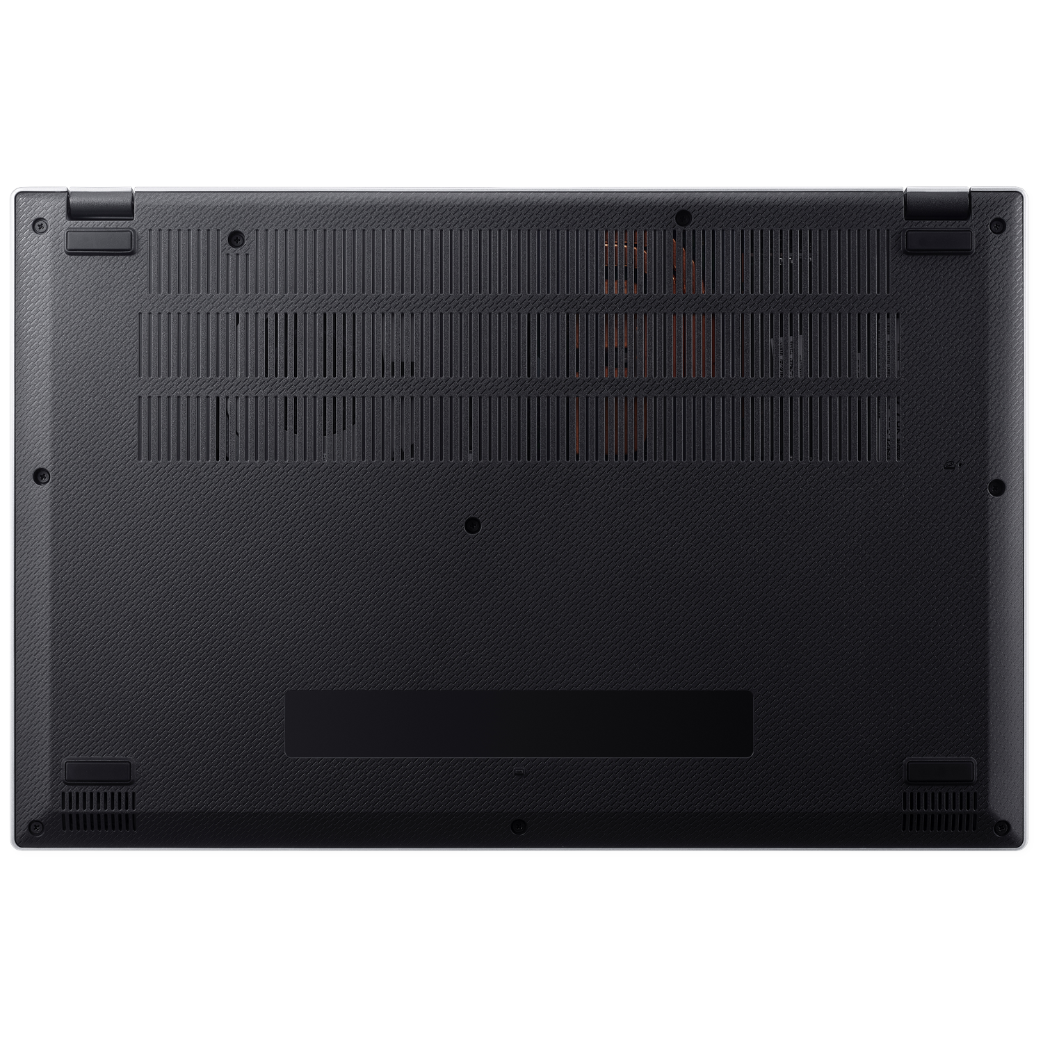Onderkant van een laptop met ventilatieopeningen en schroeven.