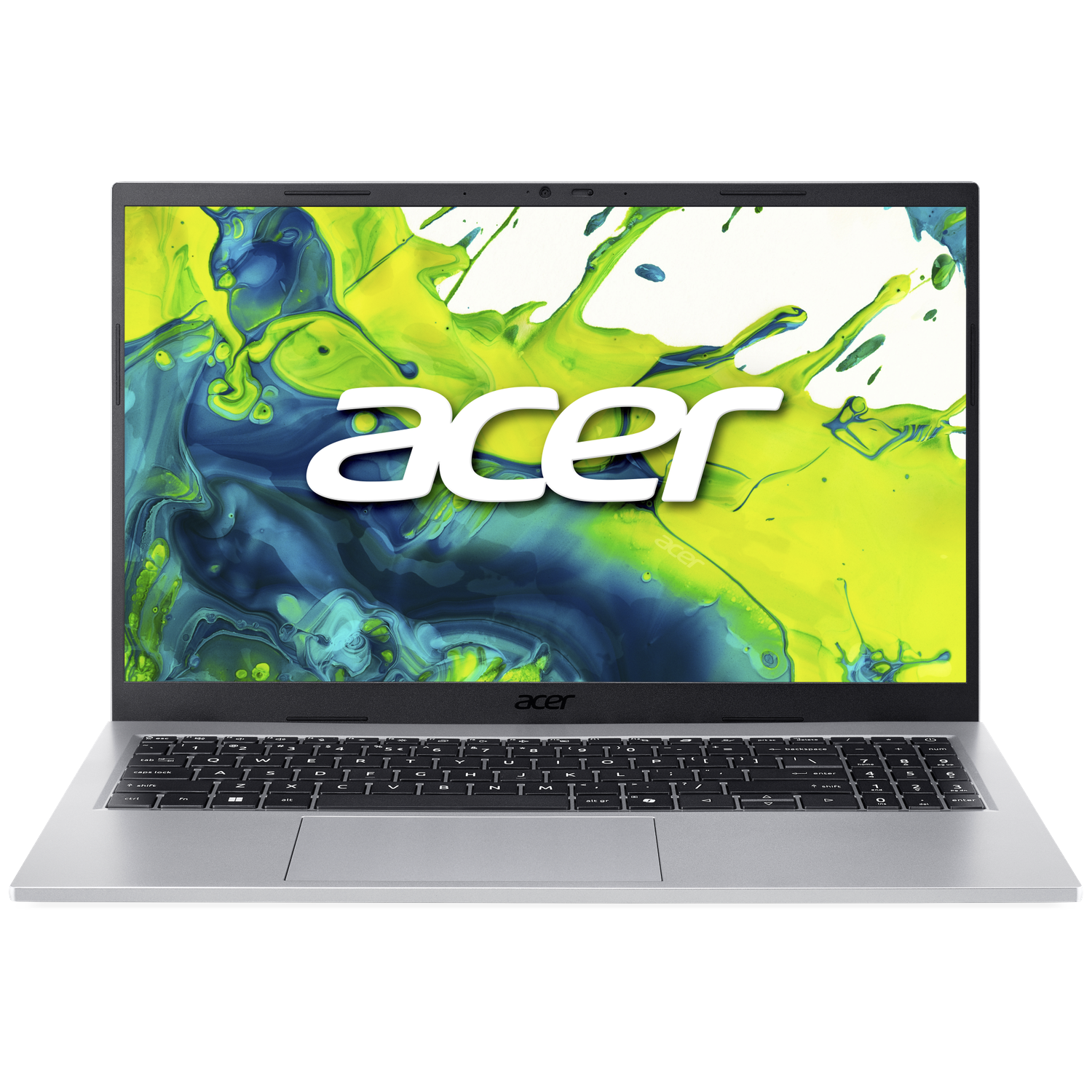 Een open zilveren Acer laptop toont een kleurrijke achtergrond en toetsenbord.