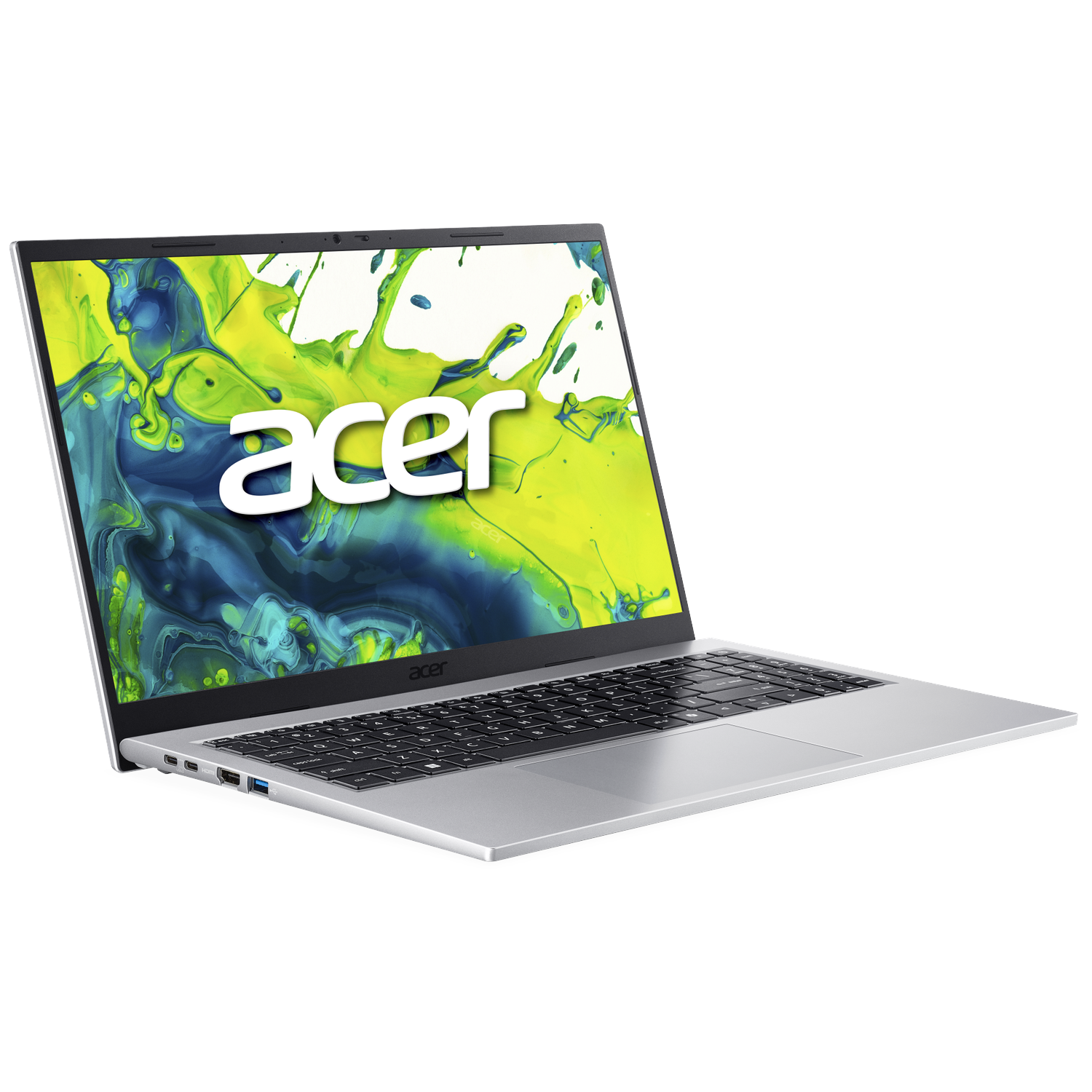 Een zilveren Acer laptop is open met een kleurrijk splash screen en het Acer logo.