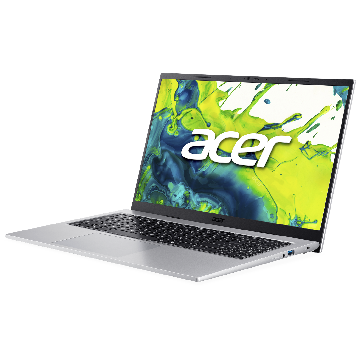 Een zilveren Acer laptop met kleurrijke abstracte achtergrond en Acer logo.