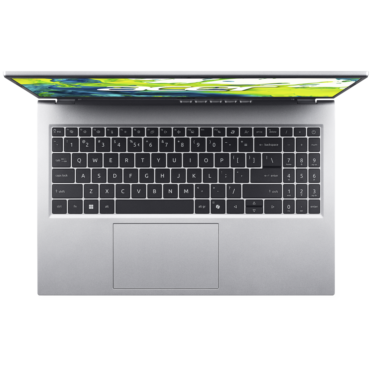 Een open zilveren laptop met zwart toetsenbord en verlicht scherm.