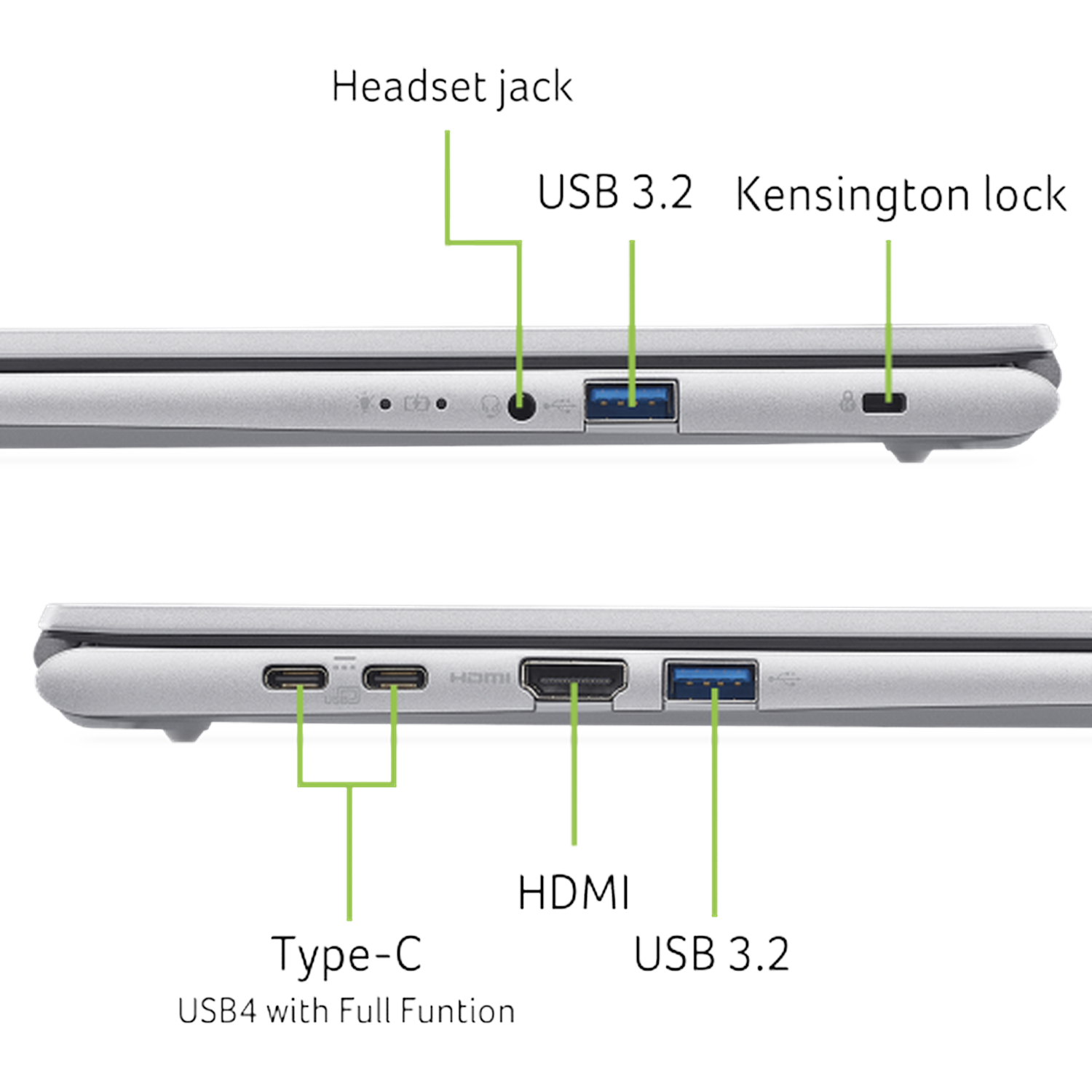 Laptop zijaanzicht: hoofdtelefoonaansluiting, USB 3.2, Kensington-slot, Type-C, HDMI-poorten.