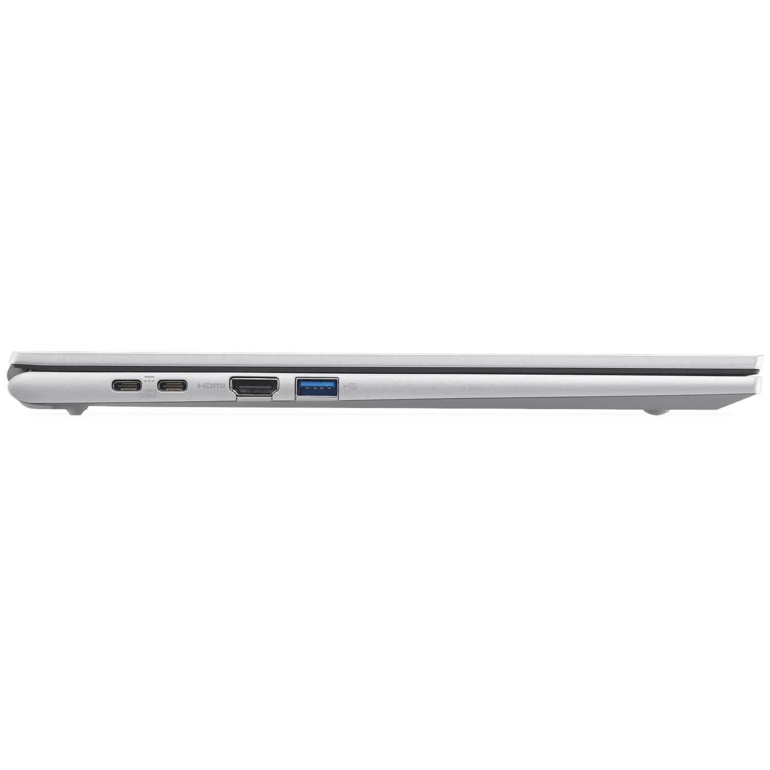 Zilveren laptop met USB-C-, HDMI- en USB-A-poorten aan de zijkant.
