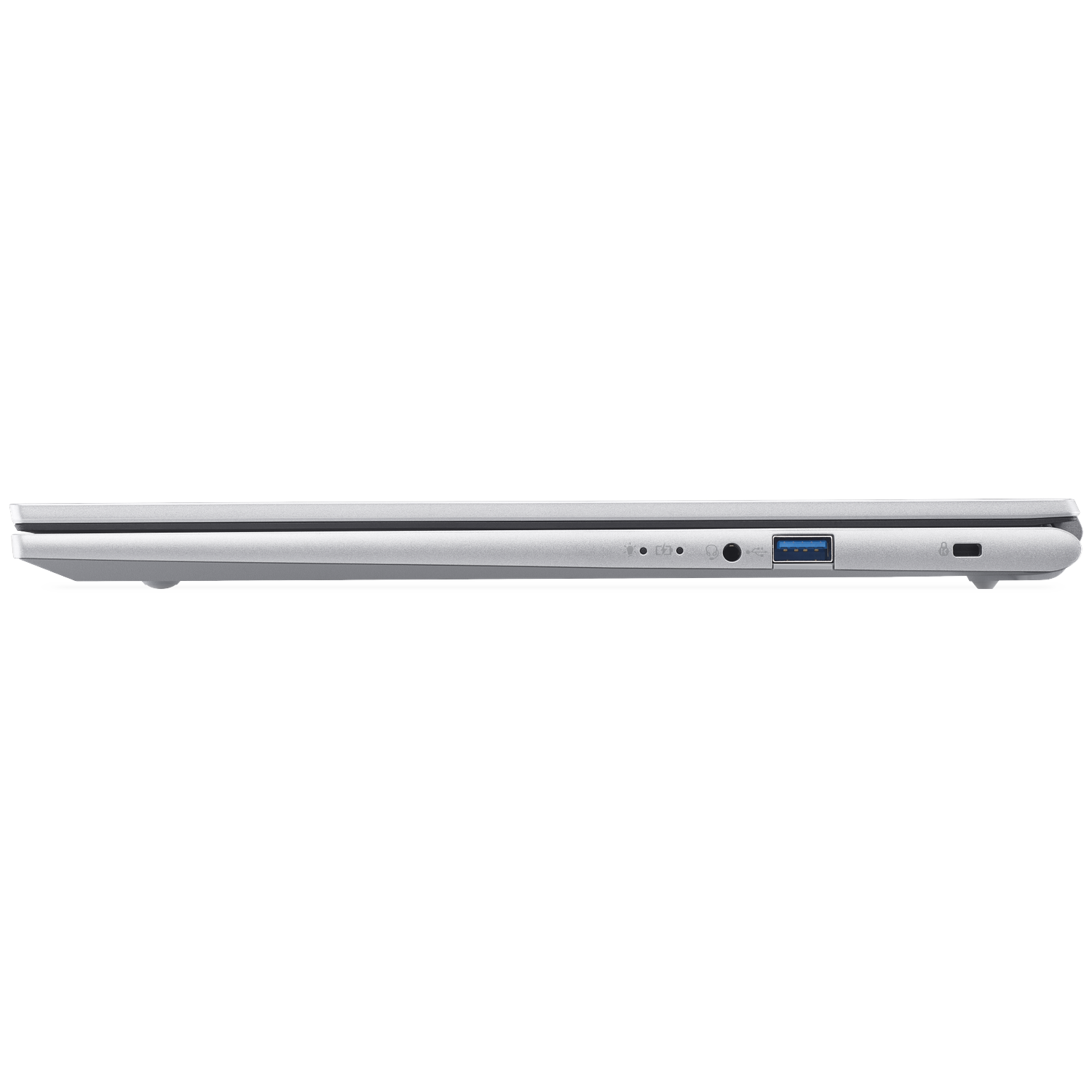 Zijde van zilveren laptop met USB-poort, koptelefoonaansluiting, laadindicator.