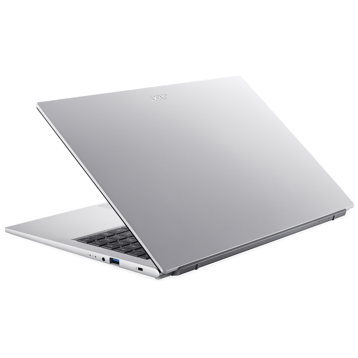Een zilveren Acer laptop met open deksel, met toetsenbord en poorten zichtbaar.