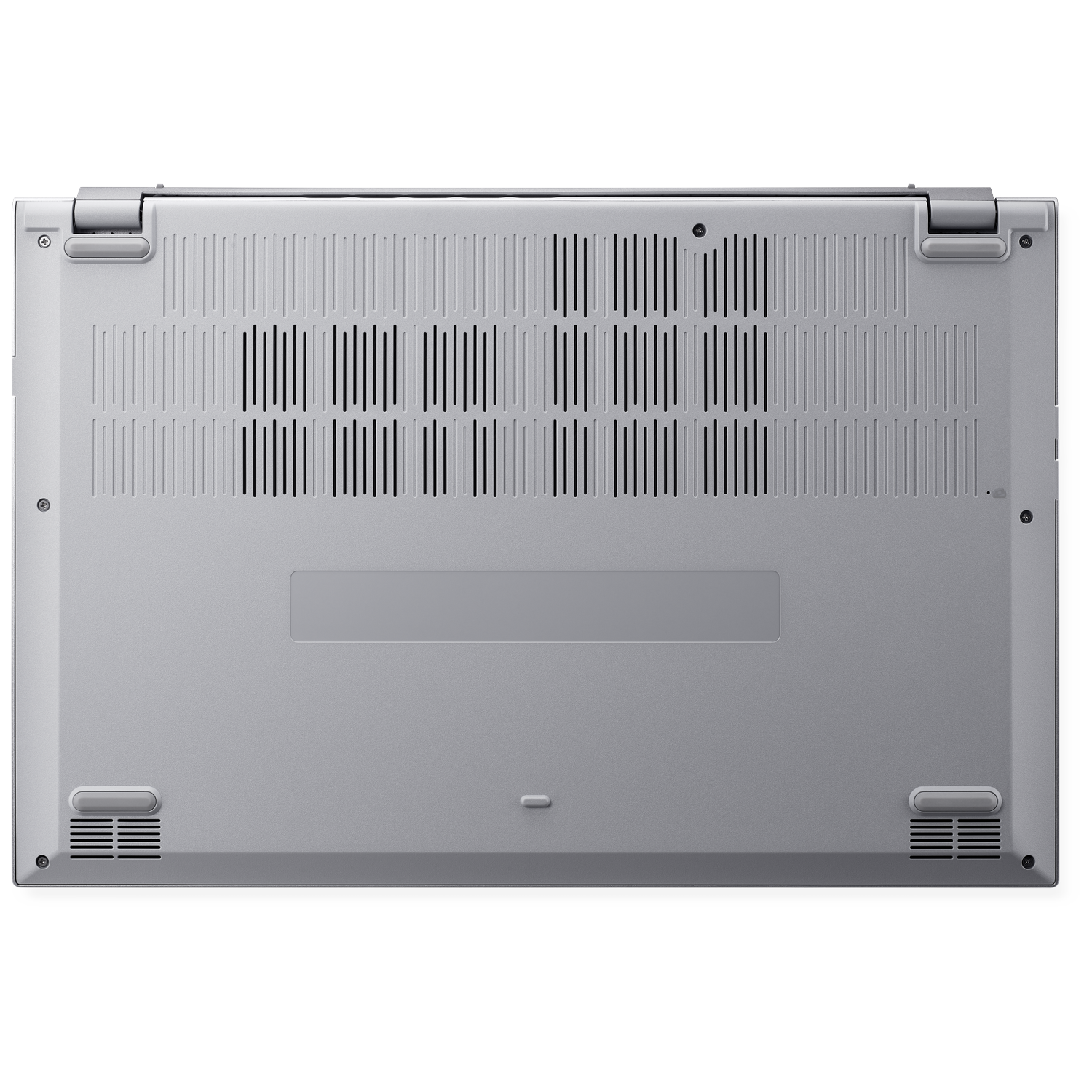 Onderkant van een zilveren laptop met ventilatieopeningen en pootjes.