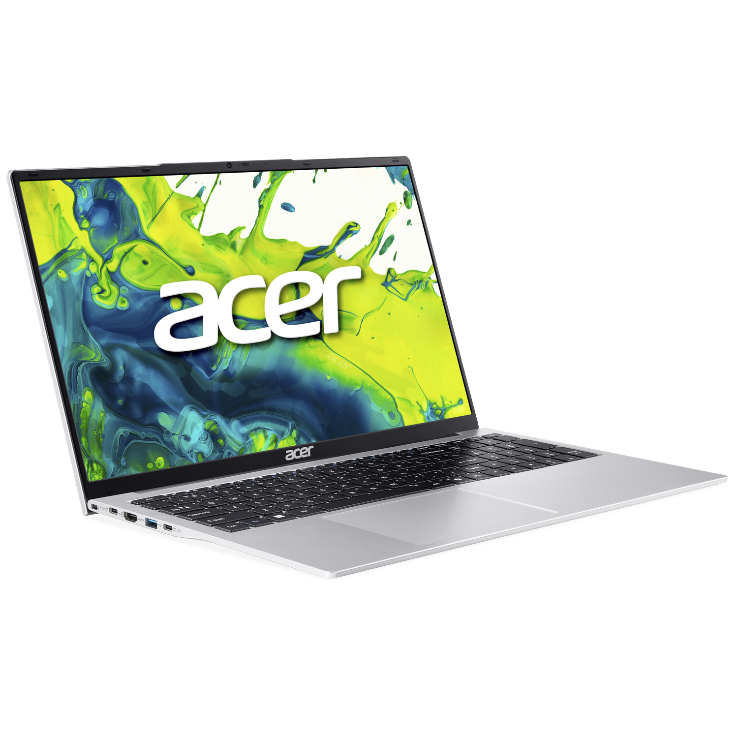 Zilveren Acer laptop met kleurige abstracte achtergrond op scherm.