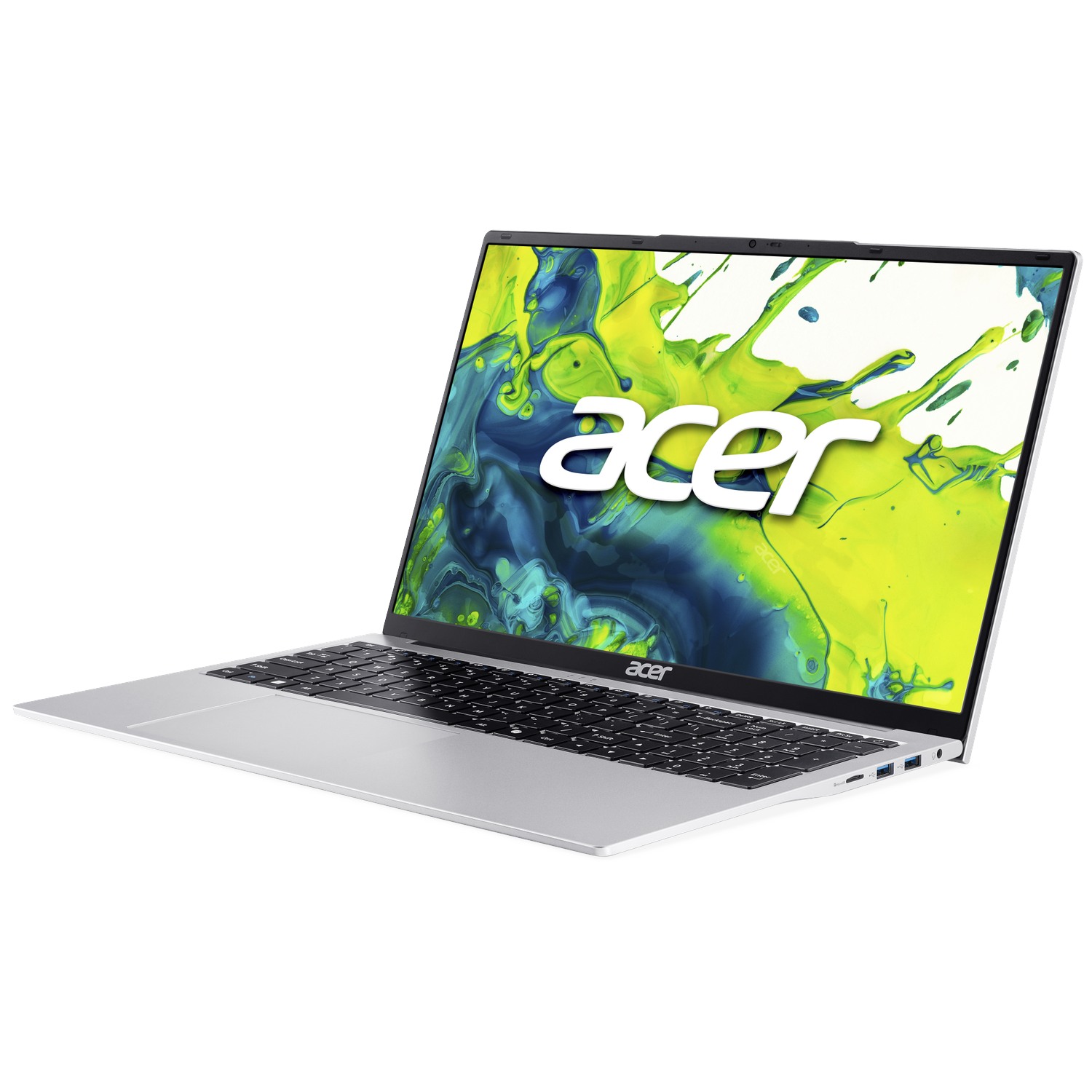 Een zilveren Acer laptop met een kleurrijke, abstracte achtergrond op het scherm.