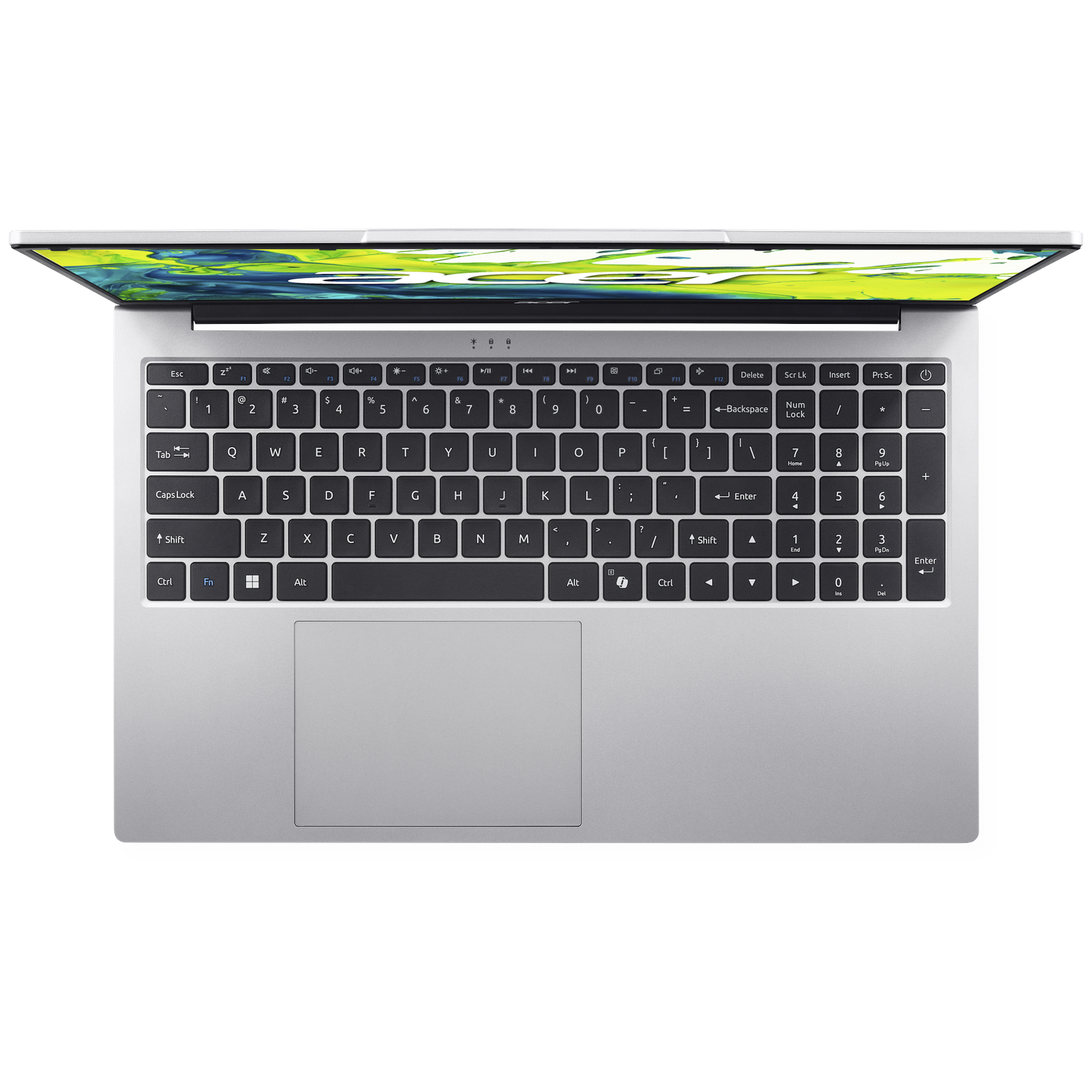 Een zilveren laptop met open deksel, toetsenbord en touchpad zichtbaar.