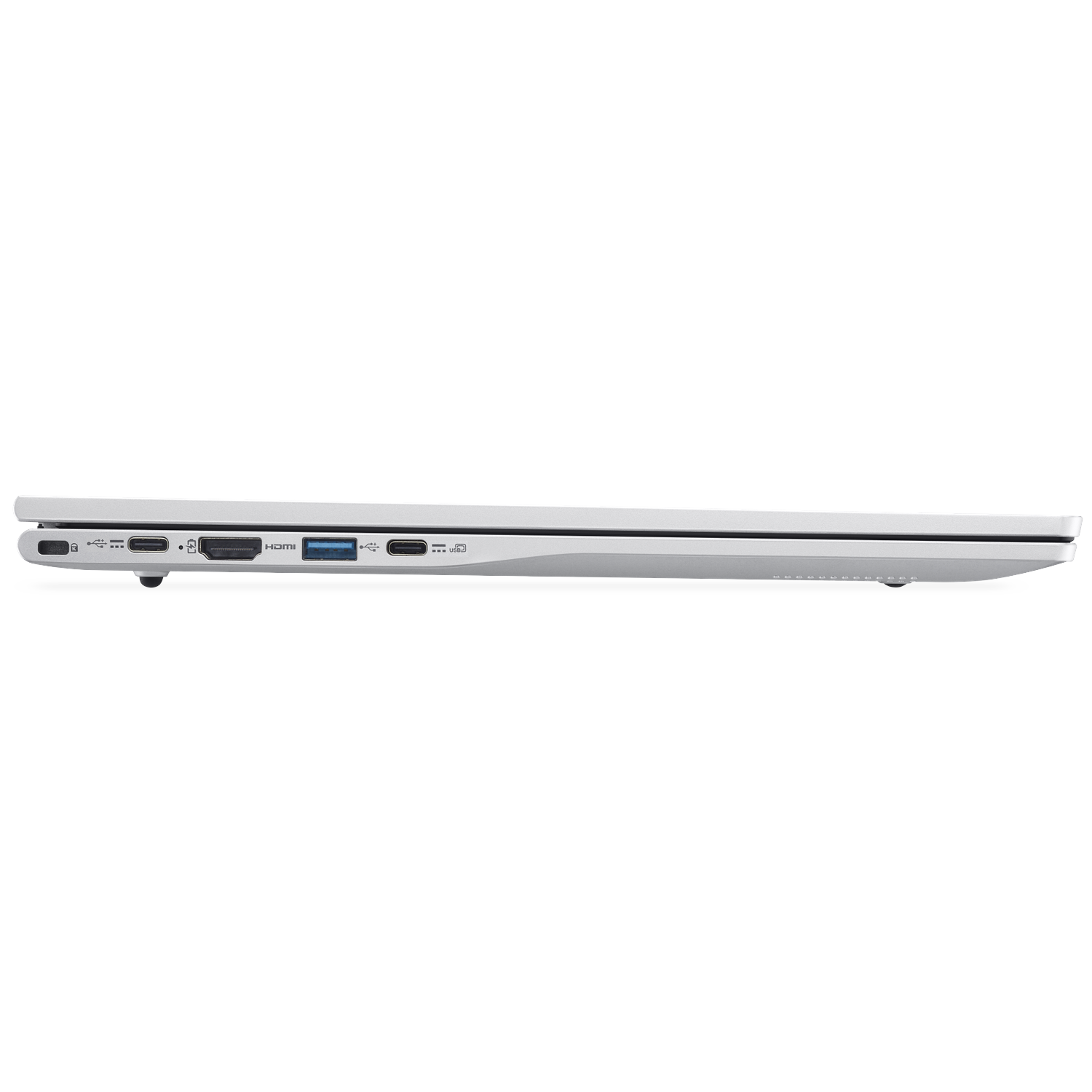 Zijaanzicht van een slanke, zilveren laptop met poorten: USB-C, HDMI, USB-A.