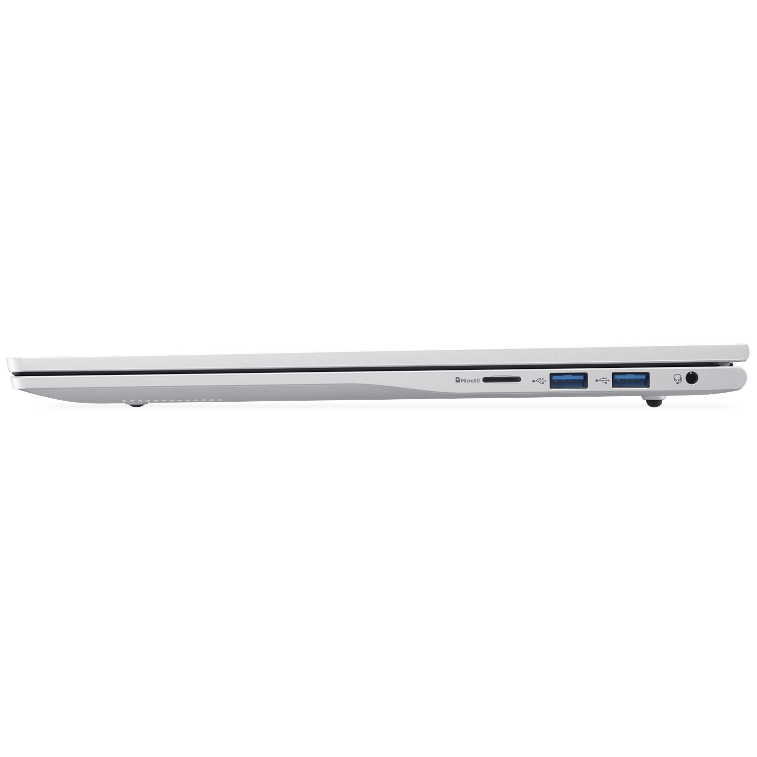 Zilver profiel laptop met SD-kaartslot, USB-poorten en koptelefoonaansluiting.