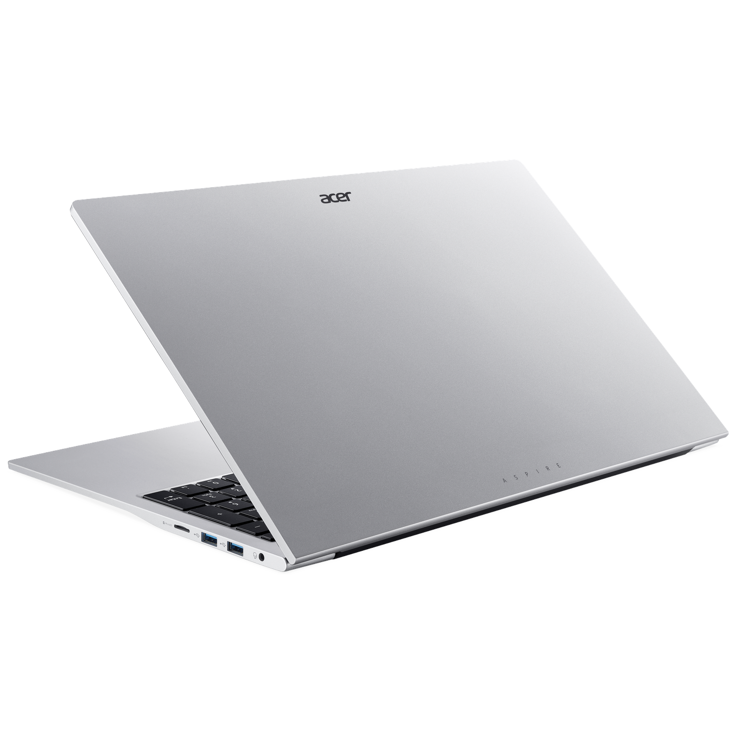 Een zilveren Acer Aspire laptop op zwarte achtergrond, met open deksel.