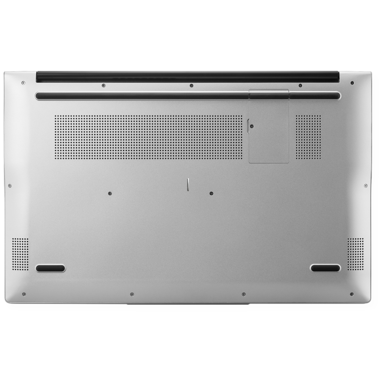 Onderkant van een zilveren laptop met zichtbare ventilatieopeningen, schroeven en rubberen voetjes.