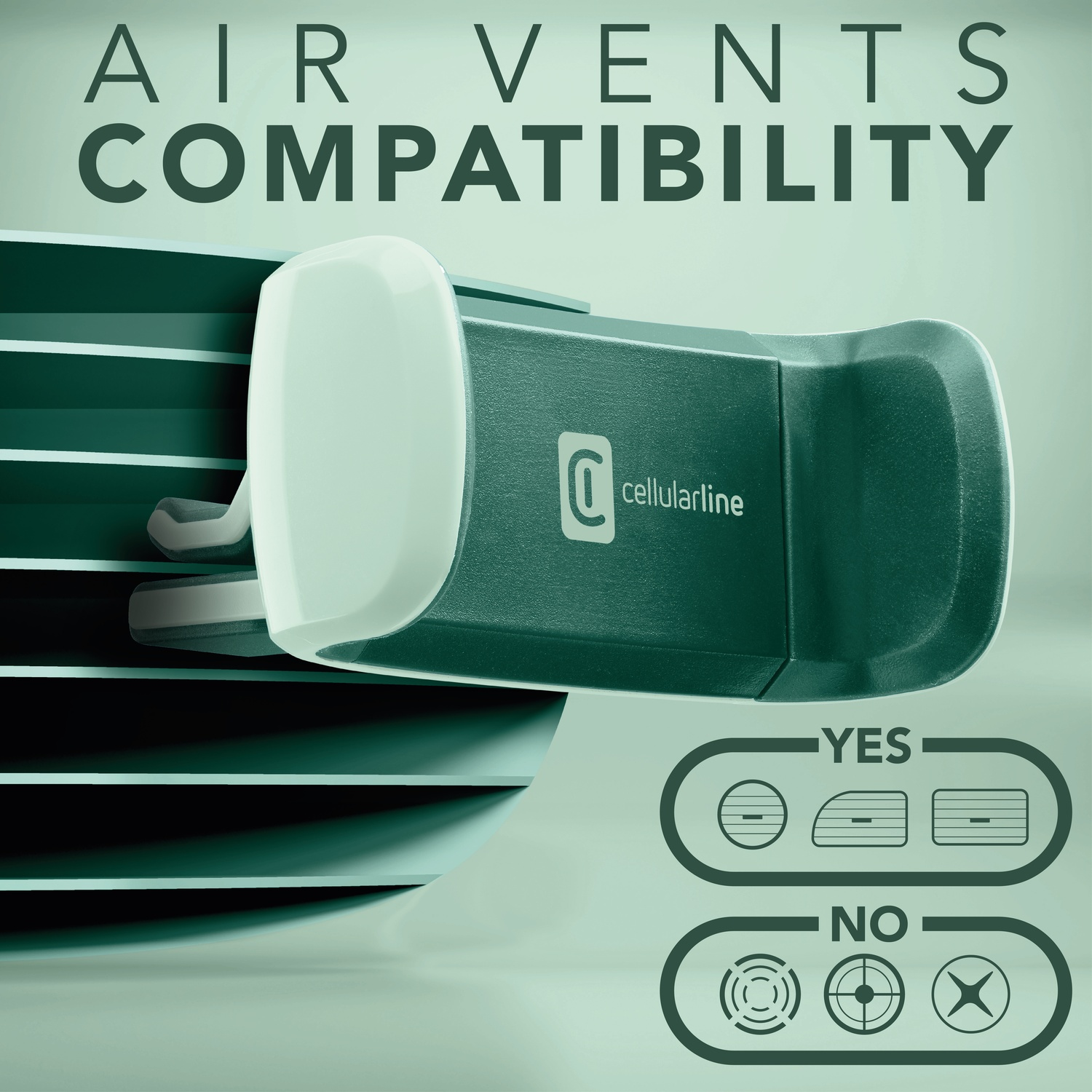 Supporto verde per auto, progettato per le bocchette di ventilazione.