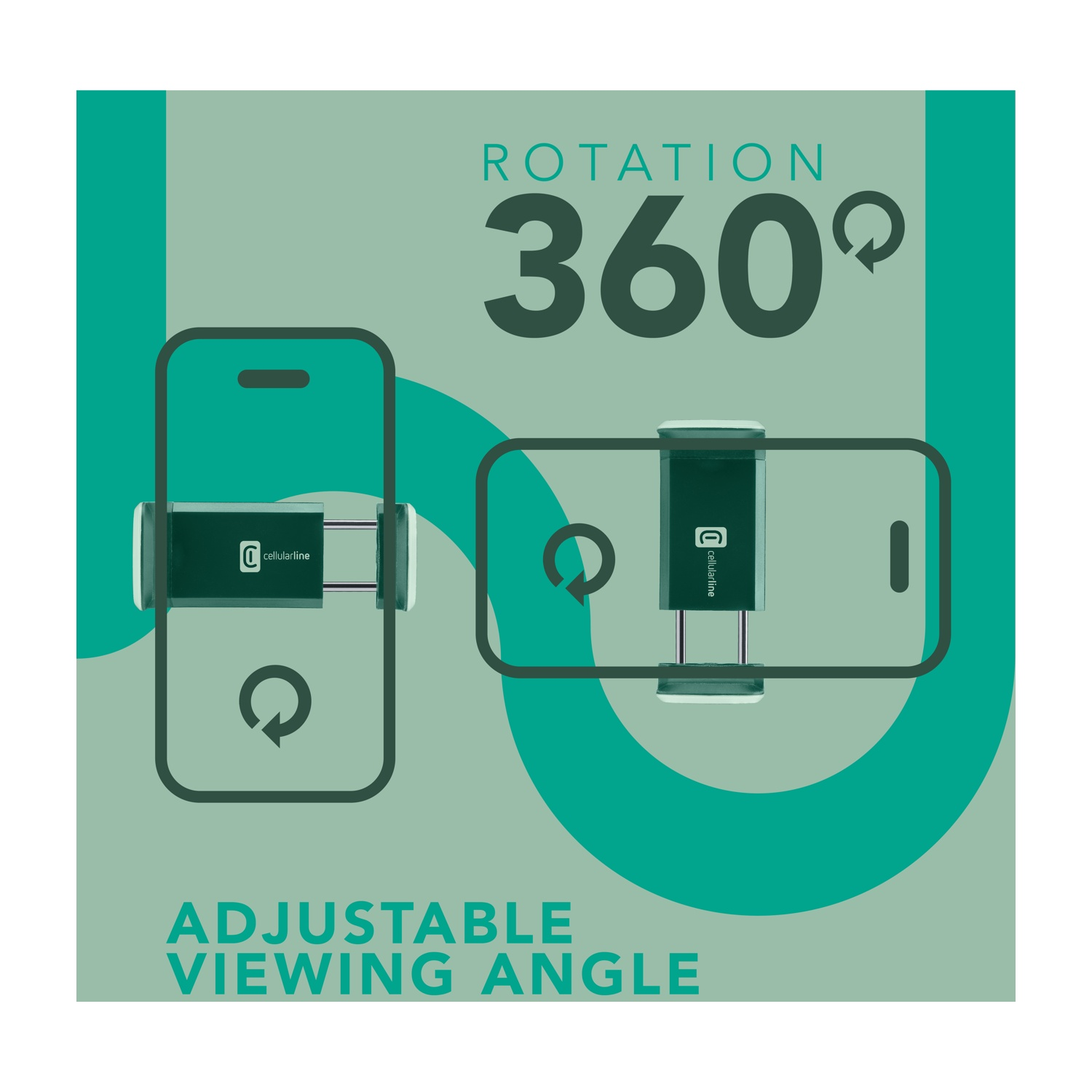 Supporto smartphone mostra rotazione 360 gradi e angolo di visione regolabile.