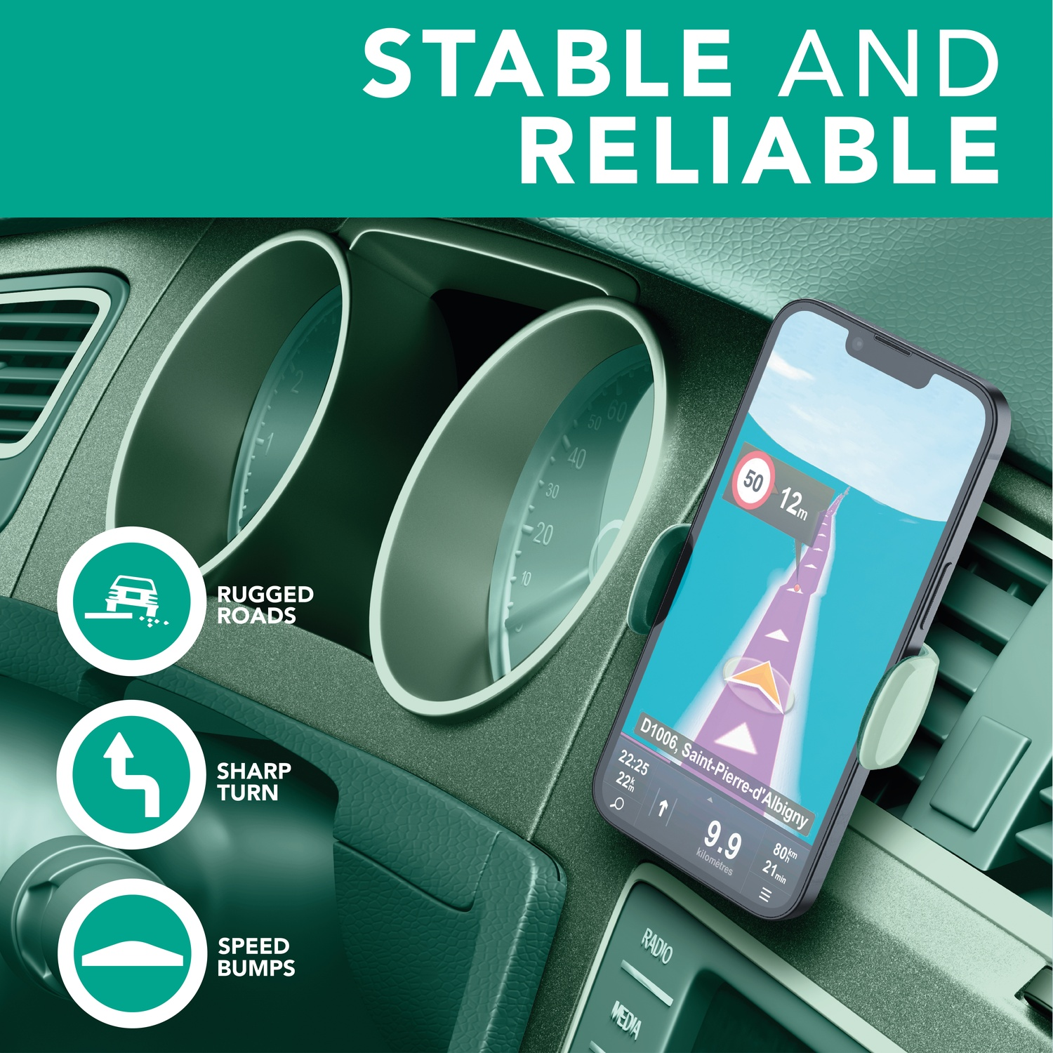 Uno smartphone mostra un'app di navigazione per auto su un cruscotto con icone per strade dissestate, curve e dossi.