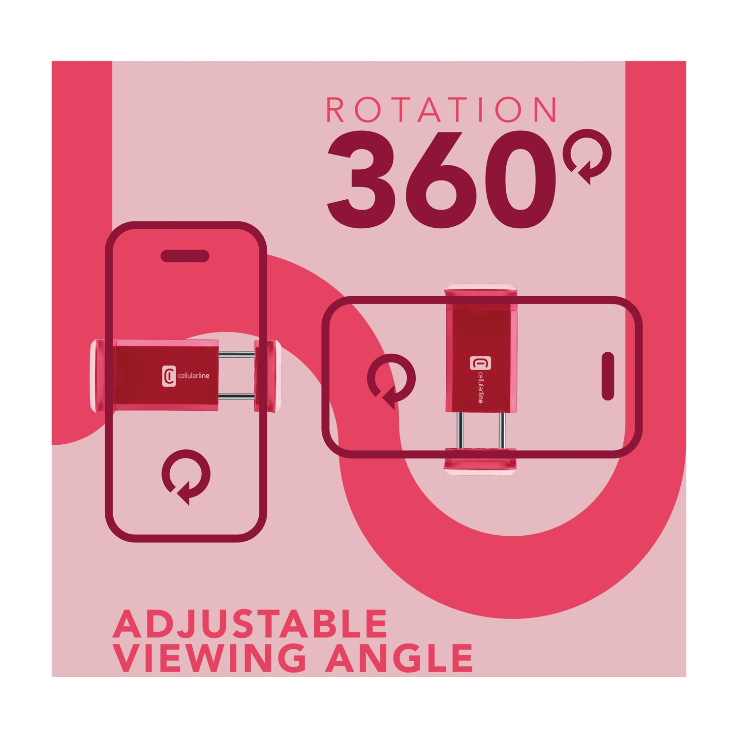 Grafica mostra supporto telefono per rotazione 360 gradi e angolo di visione regolabile.