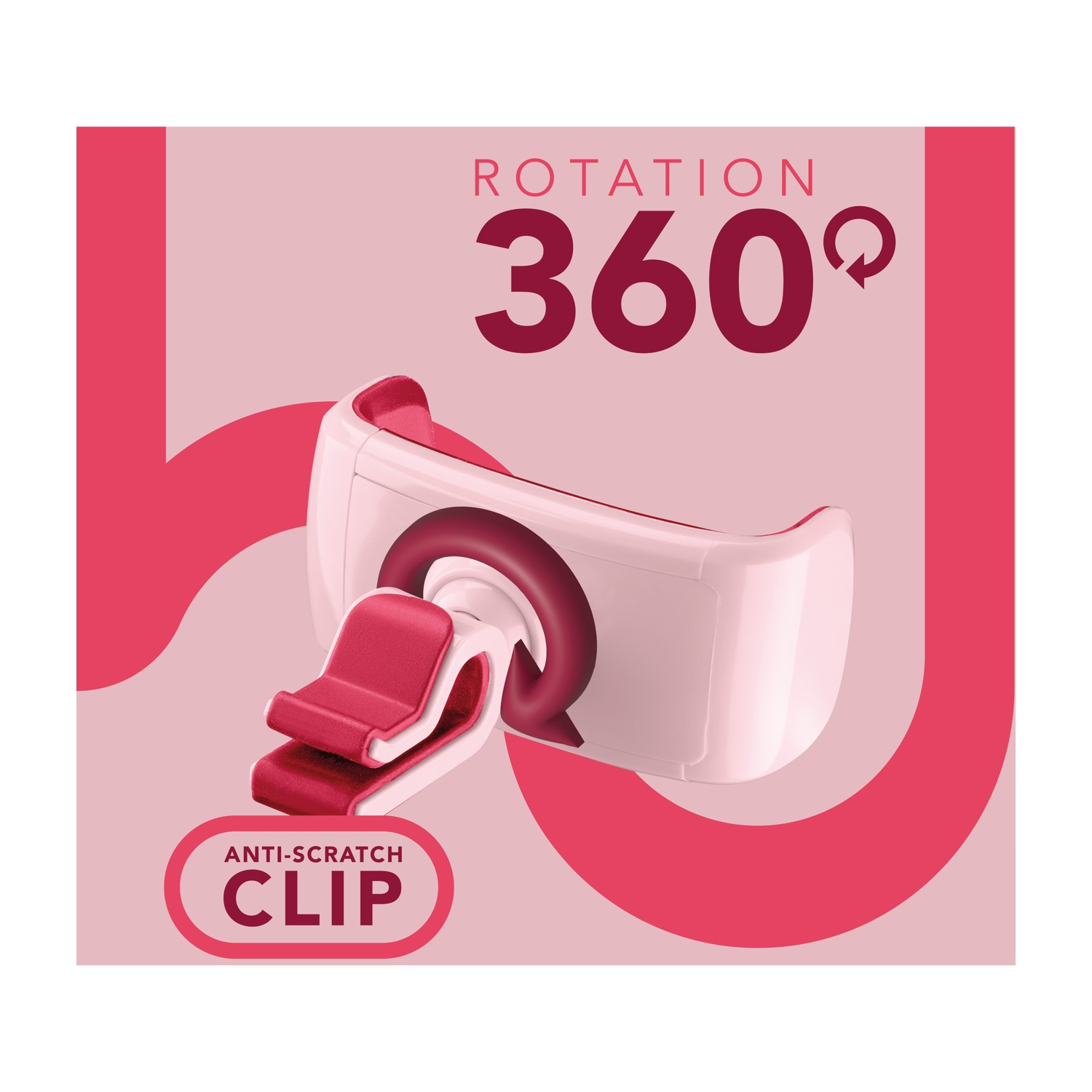 Supporto per telefono rosa e bianco con rotazione a 360 gradi e clip antigraffio.