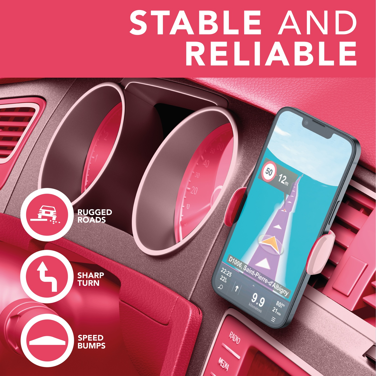 Uno smartphone con app di navigazione sul cruscotto dell'auto, con icone per strade dissestate, curve strette e dossi.