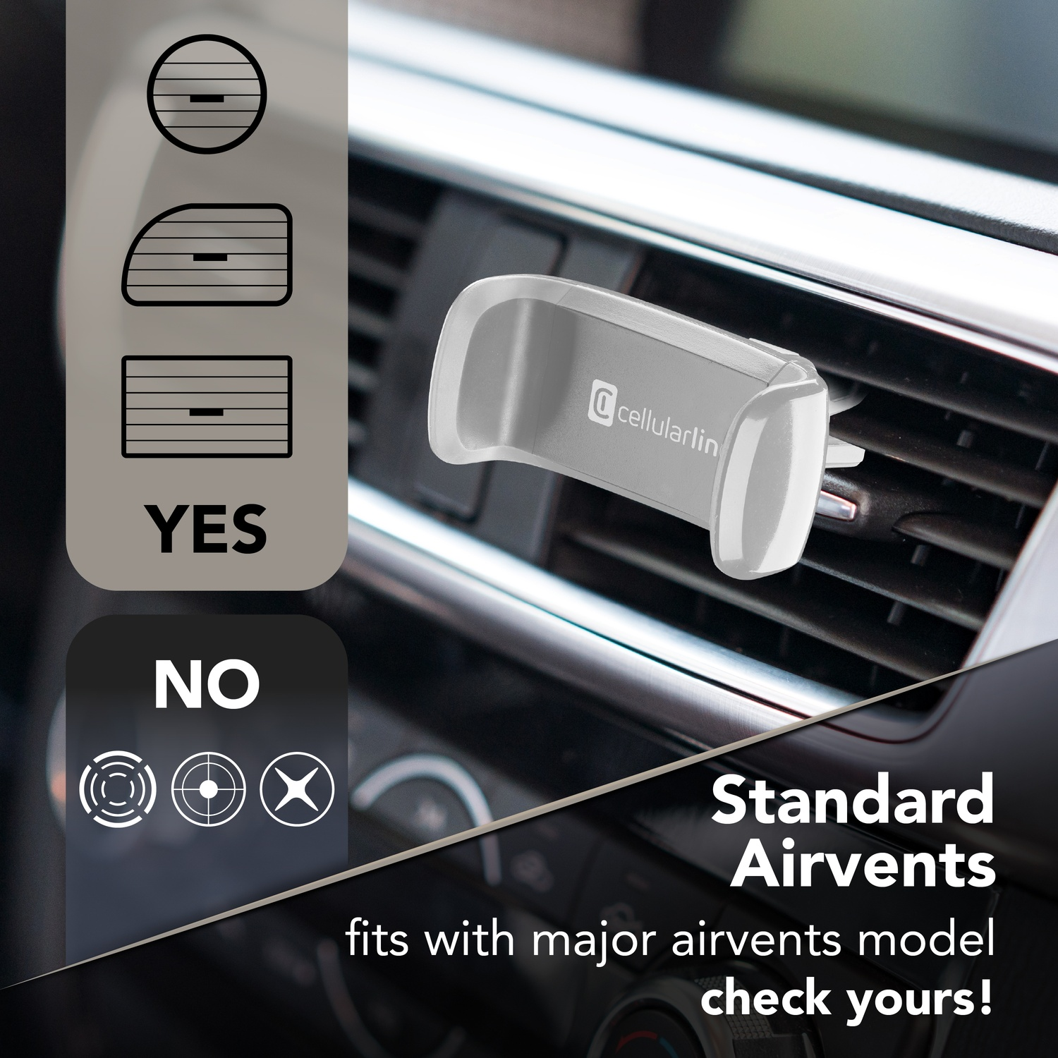 Supporto grigio per bocchetta d'aria auto, si adatta a bocchette standard.
