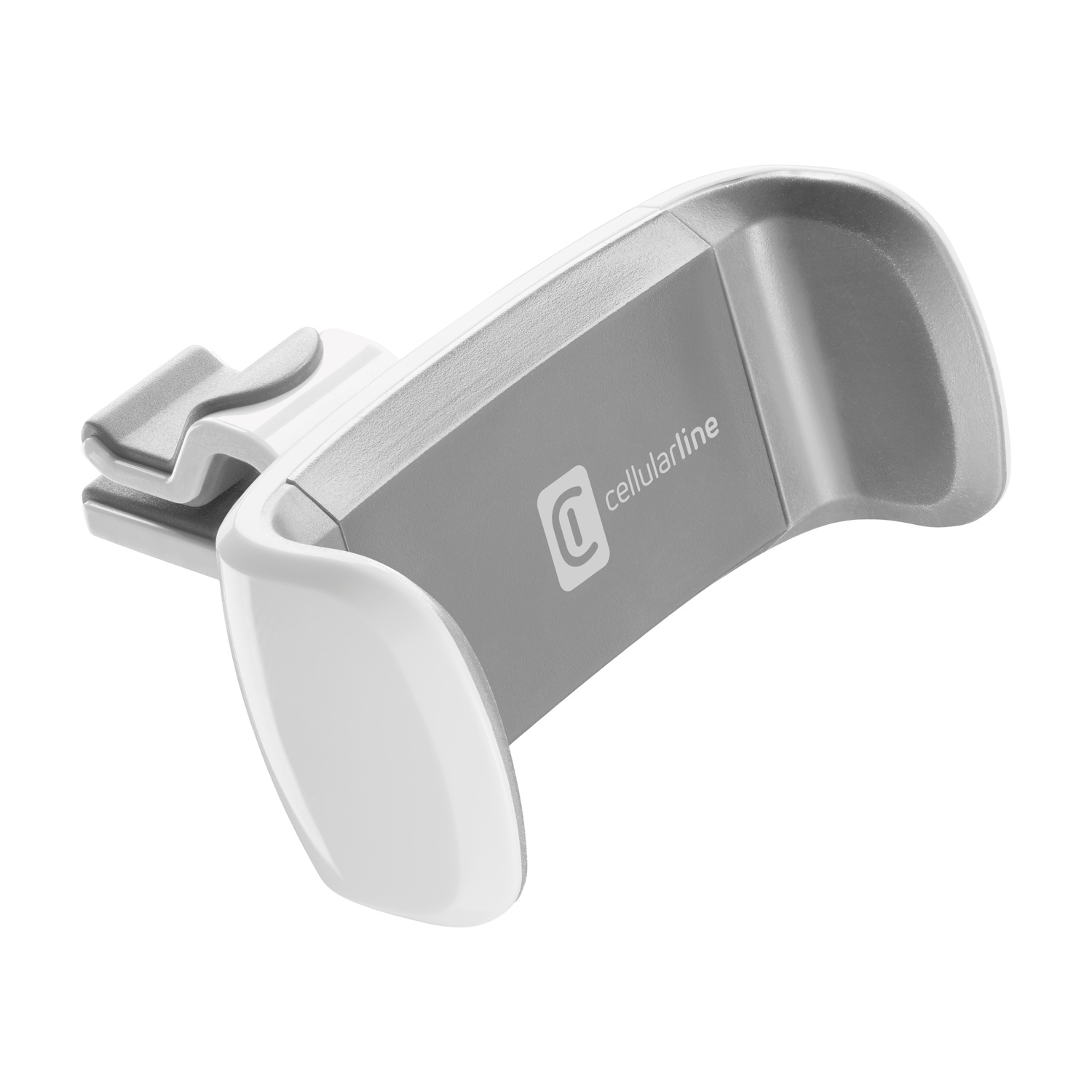 Un supporto per telefono bianco e grigio con il logo Cellularline.