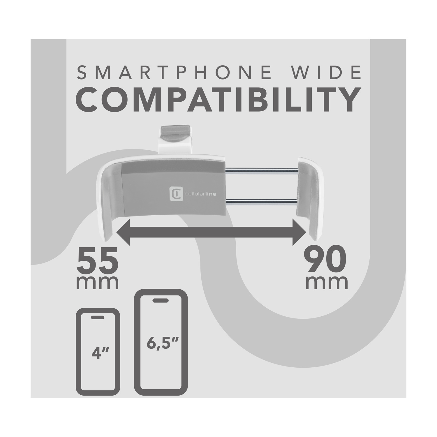 Supporto smartphone 55-90 mm larghezza, con icone telefono.