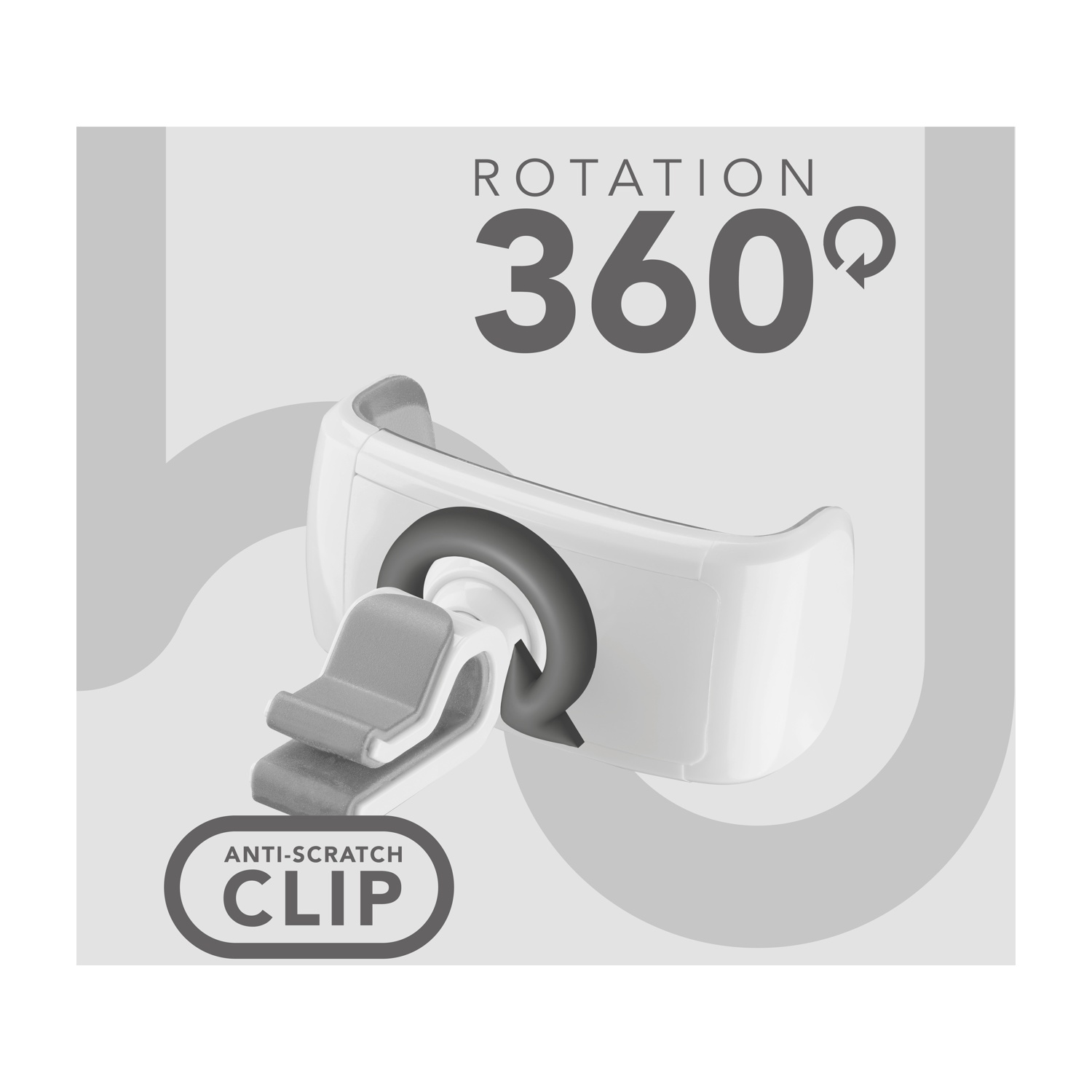 Supporto bianco per telefono con clip antigraffio grigia e rotazione a 360 gradi.
