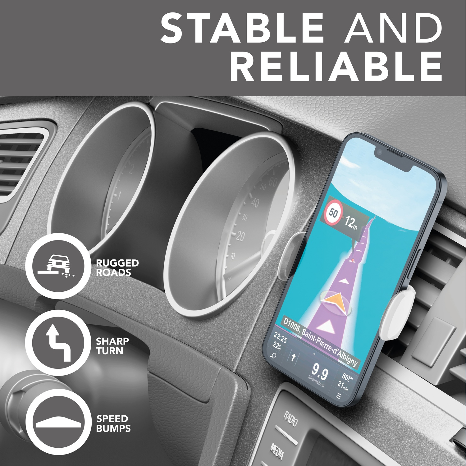 Smartphone con app di navigazione sul cruscotto dell'auto, con icone.