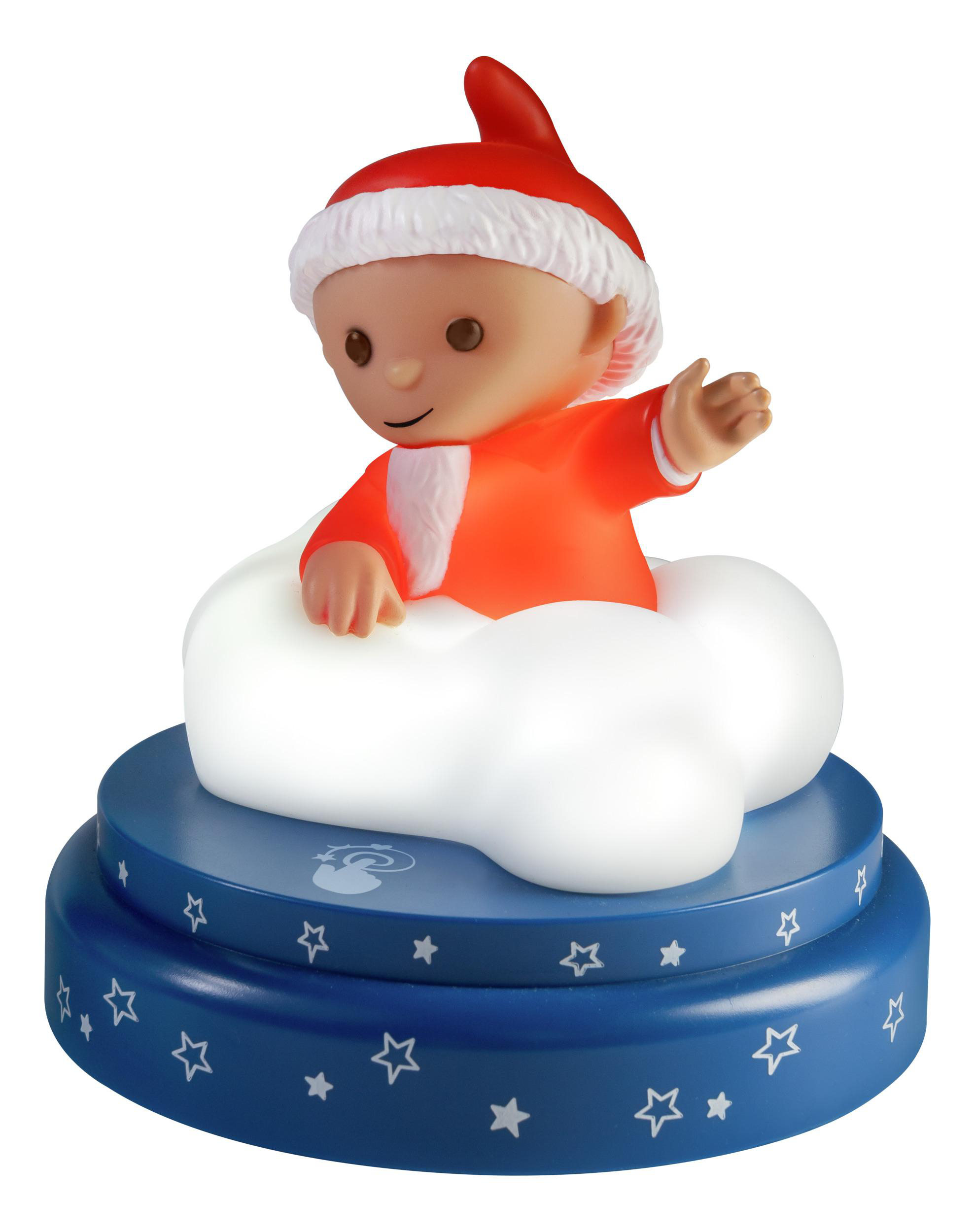 Eine Figur im Weihnachtsmannkostüm sitzt auf einer leuchtenden Wolke über einem blauen Sockel.