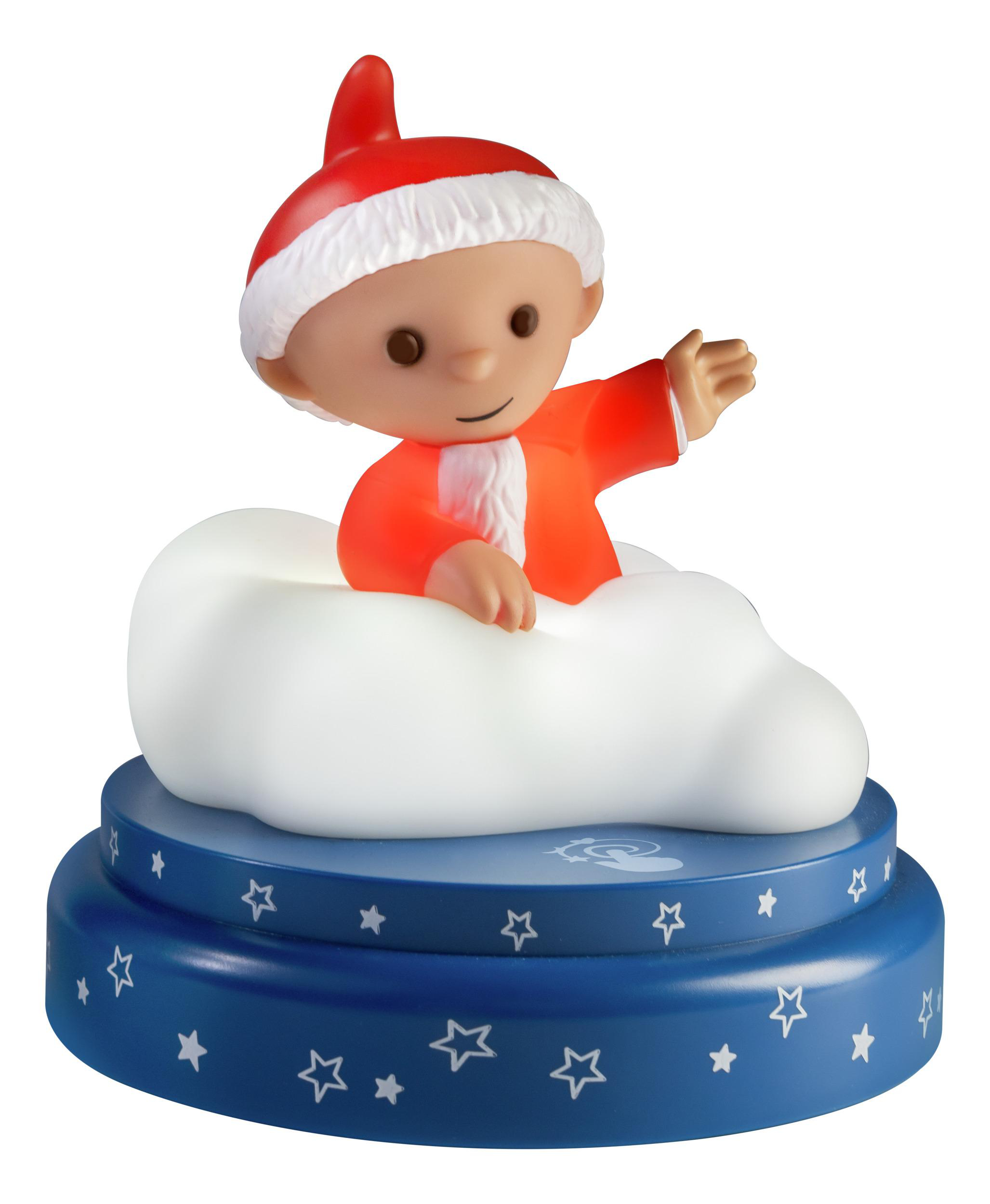 Eine Figur im Weihnachtsmannkostüm sitzt auf einer Wolke auf einem blauen Sternensockel.