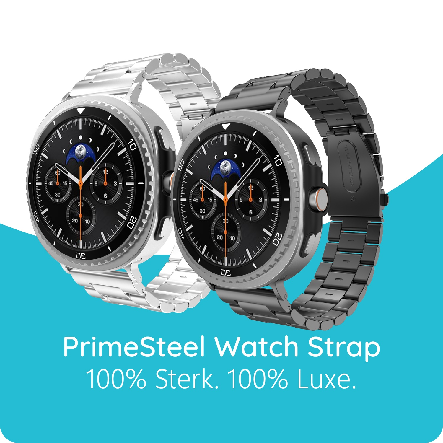 Twee smartwatches, één met zilveren en één met zwarte band, op blauwe achtergrond.