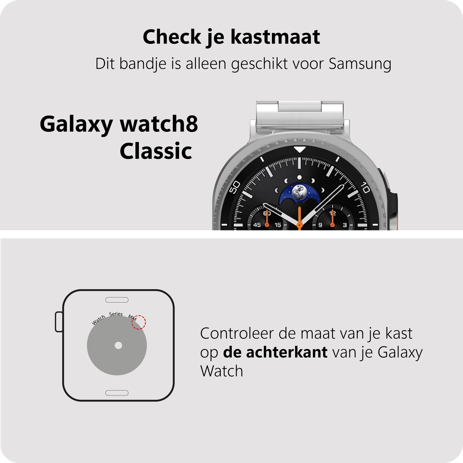 Galaxy Watch 8 Classic met wijzerplaat en achterkant voor maatcheck.